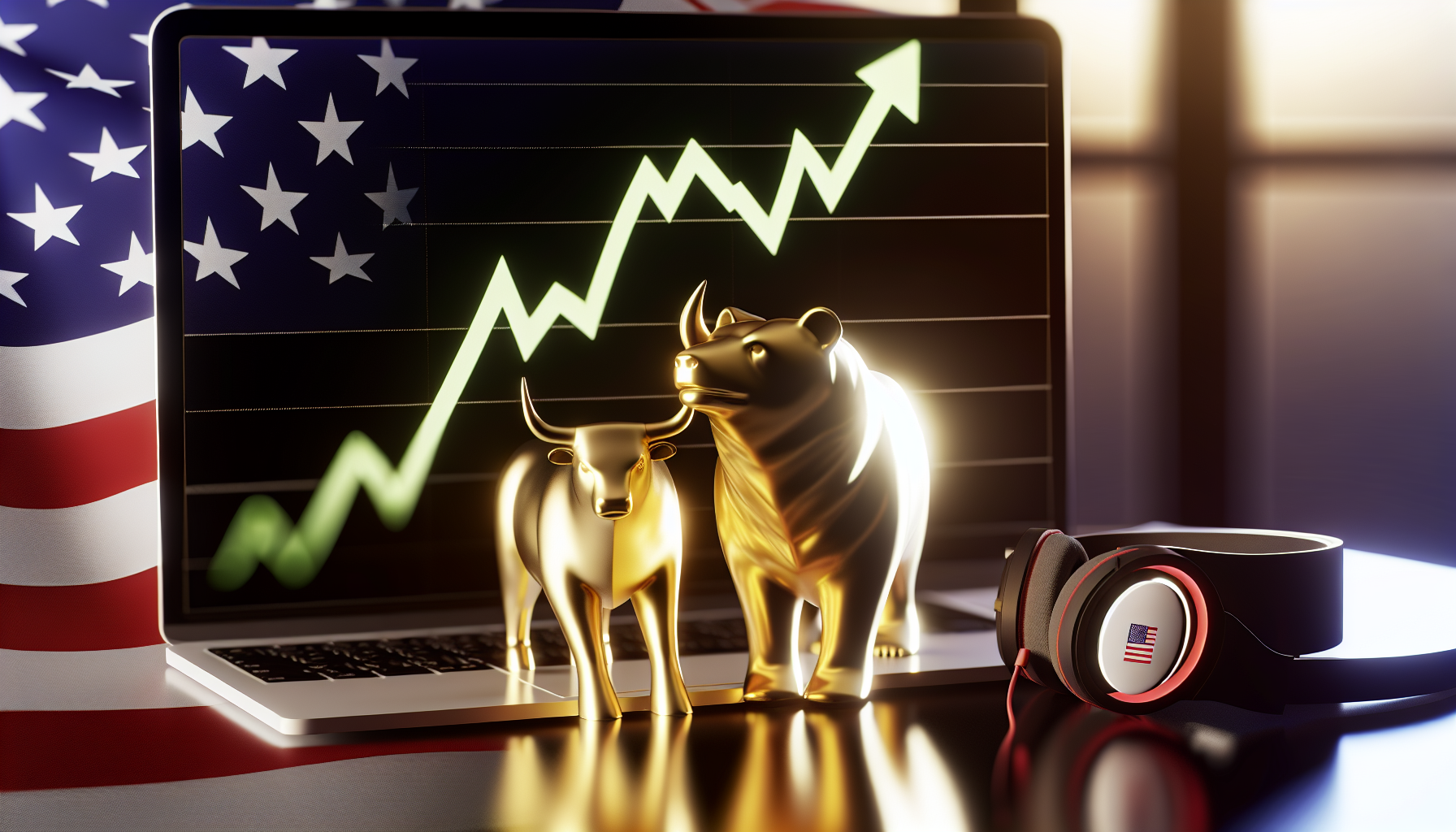 Ein herausragender US-Aktienfonds, symbolisiert durch einen goldenen Bullen und einen BÃ¤ren, die sich gegenÃ¼berstehen, mit einem Diagramm, das steigende Aktien im Hintergrund zeigt. Das Logo des Fonds ist prominent in der Mitte platziert, mit wehenden amerikanischen Flaggen auf beiden Seiten. Auf der TischoberflÃ¤che befinden sich ein Computer, KopfhÃ¶rer und eine schwarze Tasse Kaffee, die das sanfte Licht des Raumes widerspiegelt.