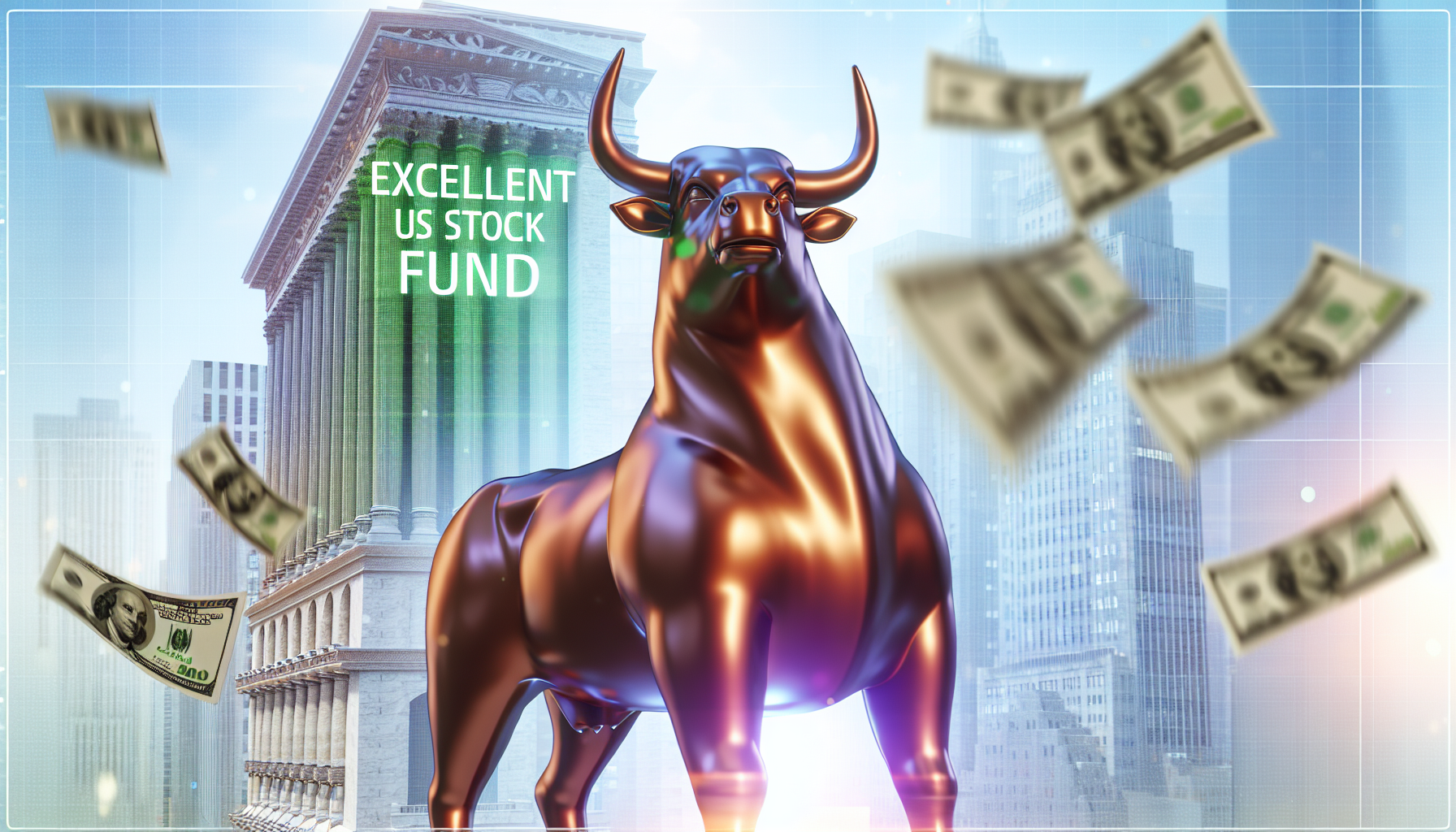 Eine visuelle Darstellung hervorragender US-Aktienfonds. Im Vordergrund steht eine bronzene Bullenstatue, die einen positiven Markttrend symbolisiert. Im Hintergrund ragen hohe Wolkenkratzer empor, die das Finanzviertel repräsentieren. Der Himmel ist klar, und Dollarnoten regnen wie Konfetti herab. Das gesamte Farbschema ist dynamisch, und der Stil ist detailliert und realistisch.
