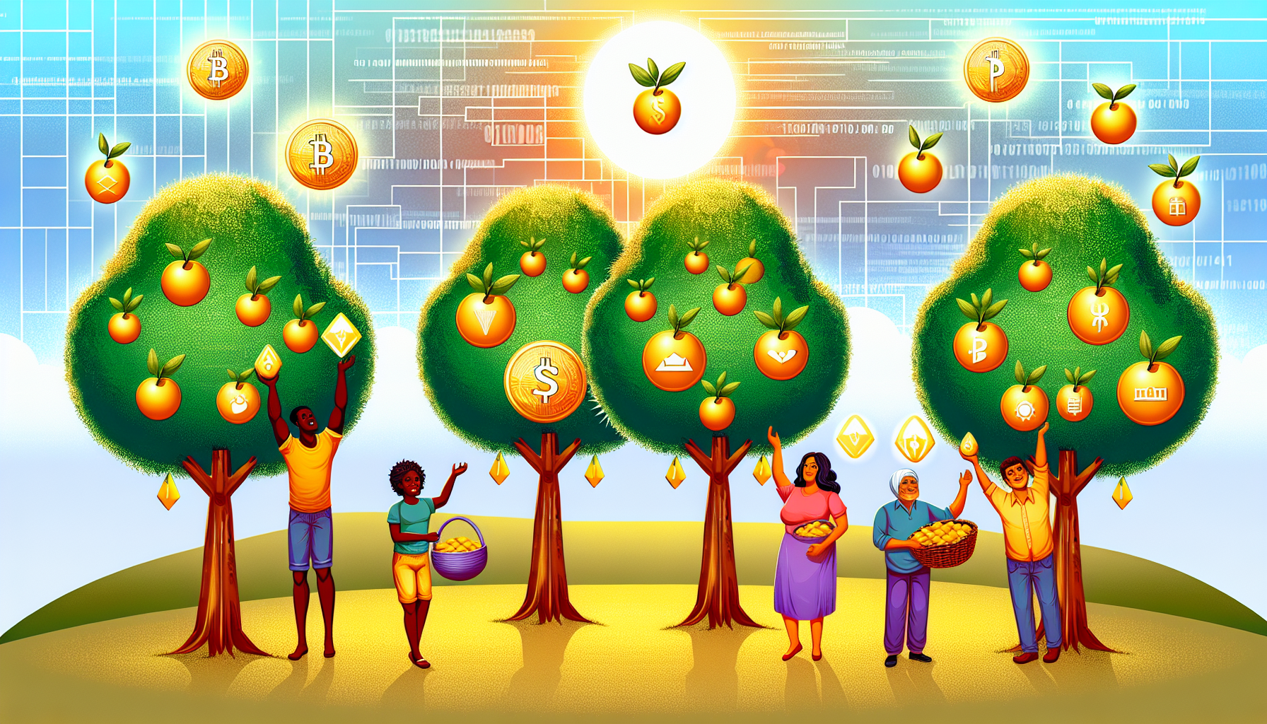 Eine detaillierte Illustration, die verschiedene digitale VermÃ¶genswerte wie KryptowÃ¤hrungen, Online-Immobilien, digitale Kunst und E-Books als BÃ¤ume auf fruchtbarem Land unter einer hellen Sonne darstellt. Die BÃ¤ume tragen goldene FrÃ¼chte, die passives Einkommen reprÃ¤sentieren. Das Bild zeigt eine vielfÃ¤ltige Gruppe von Menschen: eine schwarze Frau, einen hispanischen Mann, einen Ã¤lteren Mann aus dem Nahen Osten, einen jungen Mann aus SÃ¼dasien und einen kaukasischen Mann, die alle in lÃ¤ssiger Kleidung frÃ¶hlich die goldenen FrÃ¼chte ernten, was ihre Einnahmen aus diesen digitalen Investitionen symbolisiert. Der Himmel hat einen leichten Farbton mit technologiebezogenen Mustern, um die digitale Natur der Einnahmen zu verdeutlichen.