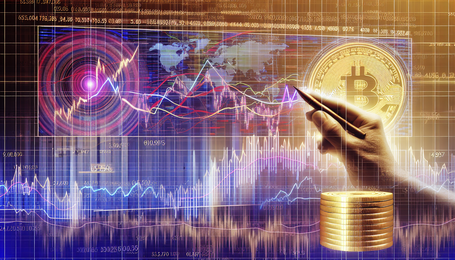 Eine visuell ansprechende Darstellung eines US-Aktienfonds, die Elemente von Finanzen und Investitionen verkÃ¶rpert. Illustrieren Sie ein groÃŸes, komplexes Diagramm, das die Schwankungen des Marktes zeigt, mit unterschiedlichen Linien in mehreren Farben, die verschiedene Aktien kennzeichnen. Der Hintergrund ist mit komplexen numerischen Daten und finanziellen Symbolen gefÃ¼llt. Im Vordergrund zeigen Sie ein Paar HÃ¤nde, die das Diagramm sorgfÃ¤ltig analysieren und auf die Hoch- und Tiefpunkte deuten. Daneben illustrieren Sie einen Stapel GoldmÃ¼nzen, der den Wert des Fonds symbolisiert. Der Gesamteindruck sollte Macht, Analyse und finanzielle Kompetenz hervorrufen.