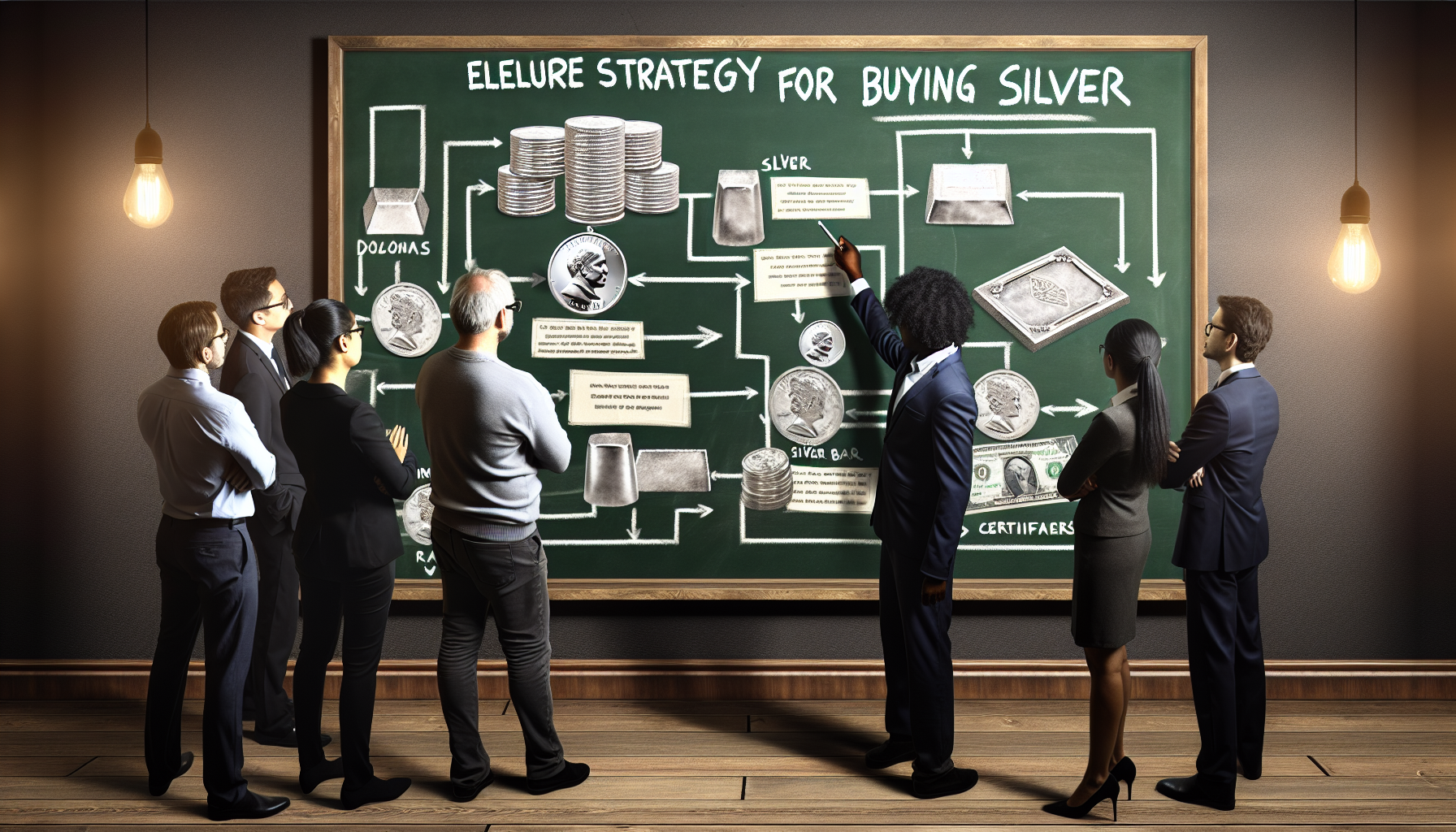Eine ausgefeilte Strategie zum Silberkauf. Auf einer groÃŸen Kreidetafel ist ein detailliertes Flussdiagramm dargestellt. Eine vielfÃ¤ltige Gruppe von Personen, darunter ein schwarzer Ã–konom mit Brille, eine sÃ¼dasiatische Finanzberaterin und ein mÃ¤nnlicher Investor aus dem Nahen Osten, versammelt sich um die Tafel und zeigt auf verschiedene Teile des Flussdiagramms, wÃ¤hrend sie Strategien, Risiken und Renditen diskutieren. SilbermÃ¼nzen, Barren und Zertifikate sind im Diagramm mit prÃ¤zisen Details abgebildet. Der Raum strahlt eine AtmosphÃ¤re tiefgrÃ¼ndiger GesprÃ¤che und Planung aus.