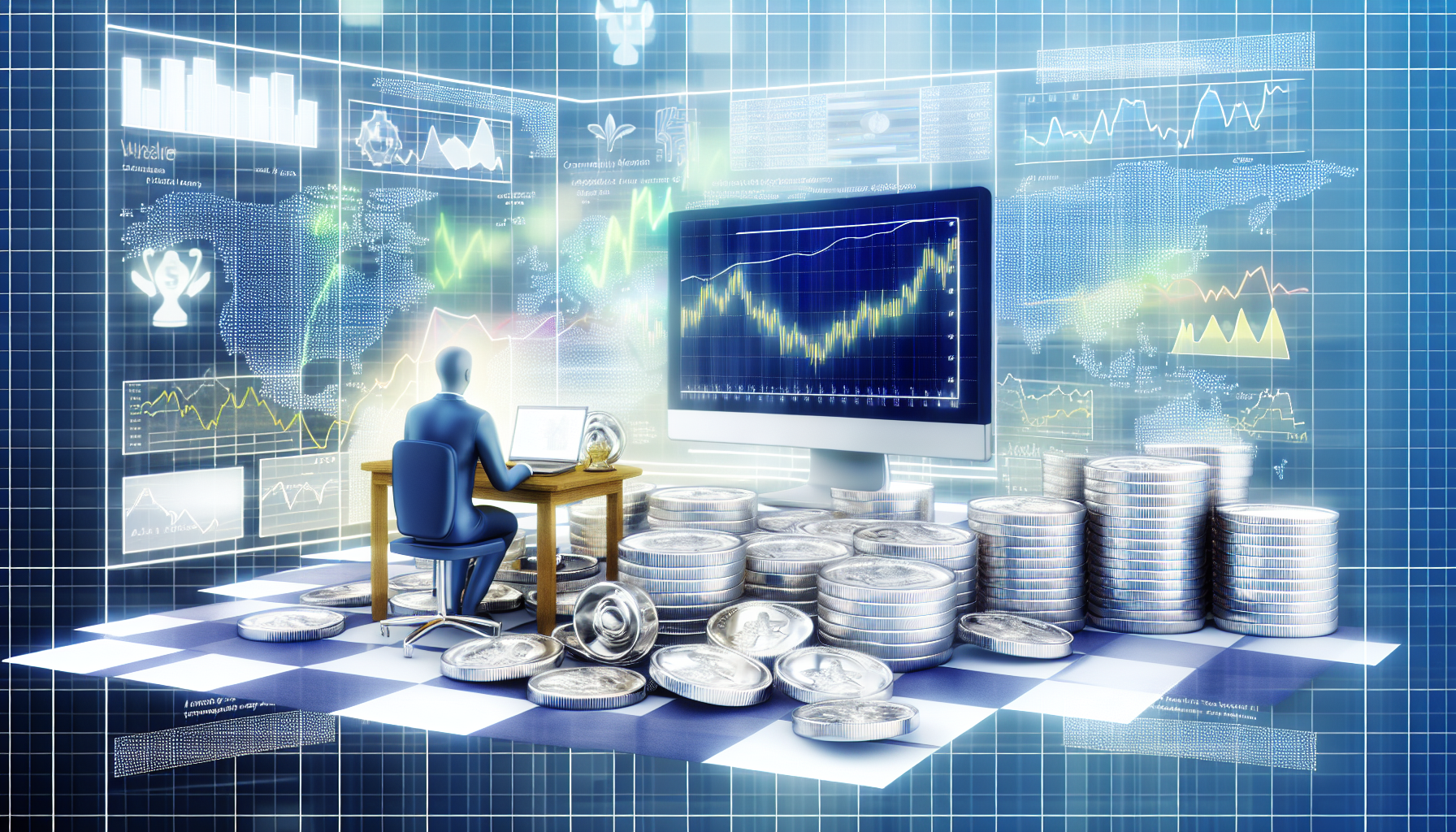 Eine detaillierte Illustration des Konzepts des strategischen Silberkaufs. Visualisieren Sie eine Person, die an einem Schreibtisch sitzt, der mit Analyseberichten, dynamischen Grafiken, die Markttrends darstellen, und einem groÃŸen Computerbildschirm, der Echtzeitwerte von Rohstoffen anzeigt, gefÃ¼llt ist. Vor der Person liegen eine Handvoll glÃ¤nzender SilbermÃ¼nzen und ein Schachbrett, das fÃ¼r Strategie und Planung steht. Die Umgebung hat ein sehr modernes und sauberes Design mit einem Hauch von Minimalismus.