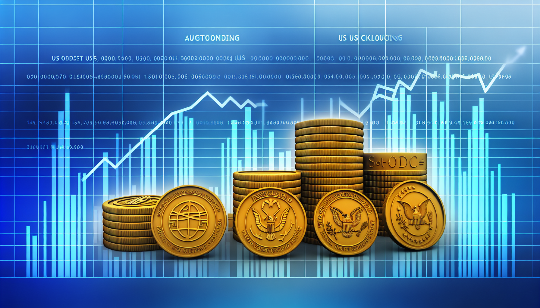 Eine herausragende Sammlung von US-Aktienfonds, die verschiedene Unternehmen aus unterschiedlichen Branchen wie Technologie, Gesundheitswesen, Finanzwesen und Immobilien umfasst. Das Bild sollte diese Fonds als symbolische Darstellungen zeigen, zum Beispiel als gestapelte goldene MÃ¼nzen, die jeweils mit passenden Branchensymbolen graviert sind. Im Hintergrund kÃ¶nnte eine stilisierte Wachstumskurve oder Graphlinie zu sehen sein, die die positive Entwicklung dieser Fonds symbolisiert.