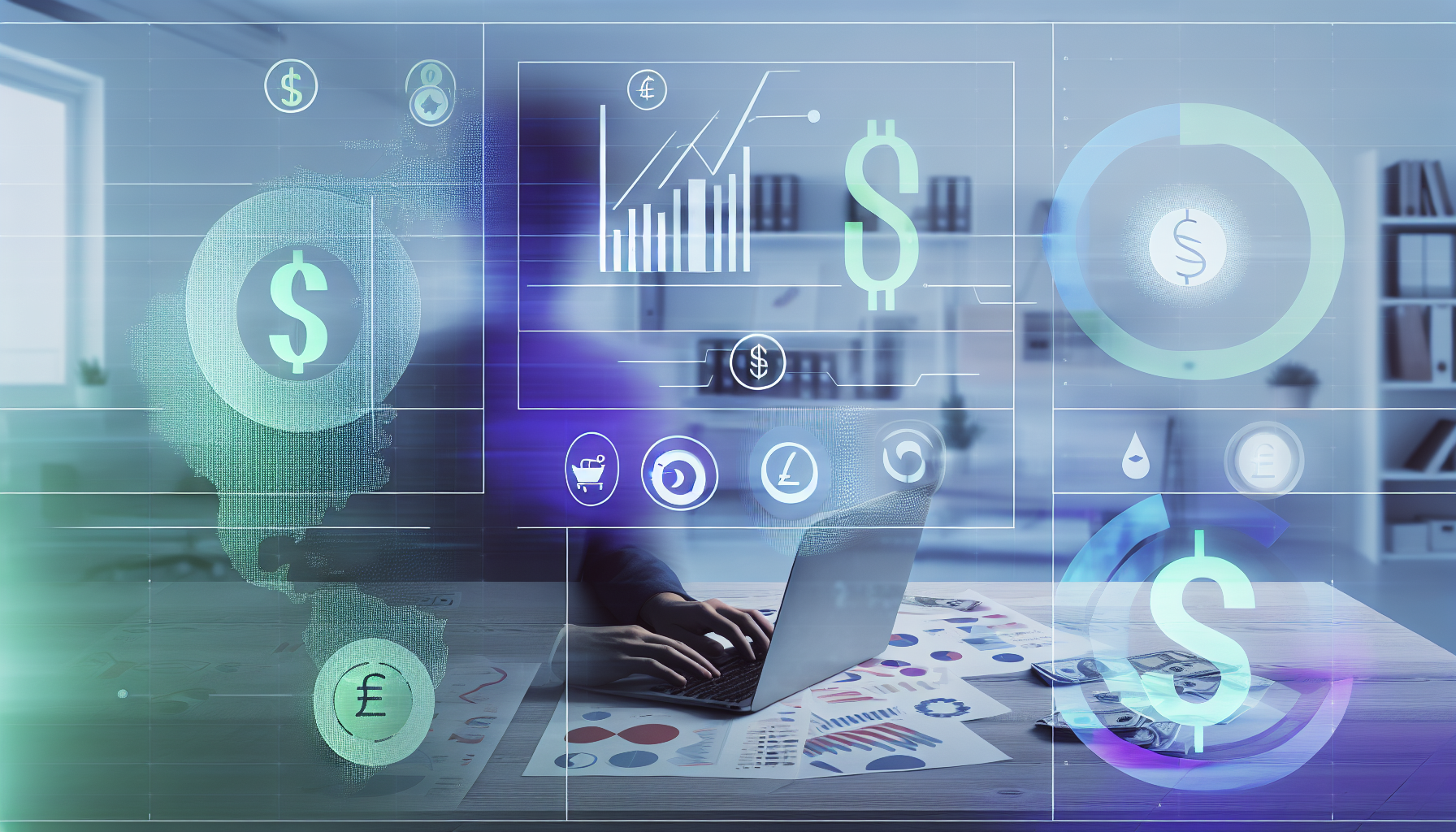 Ein Bild, das das Konzept des passiven Einkommens durch Strategie veranschaulicht. Es zeigt verschiedene Hilfsmittel wie Diagramme, Grafiken und Tabellen, die finanzielle Daten auf einem digitalen Bildschirm analysieren. Im Hintergrund ist eine anonyme Person zu sehen, die an einem Laptop arbeitet und strategische Planung und Umsetzung symbolisiert. Der Hintergrund ist mit schwebenden WÃ¤hrungssymbolen geschmÃ¼ckt, die die Einkommensgenerierung symbolisieren. Das gesamte Szenario ist in einem Raum mit modernem Interieur dargestellt, der ein GefÃ¼hl von Ruhe und fokussierter Energie ausstrahlt.