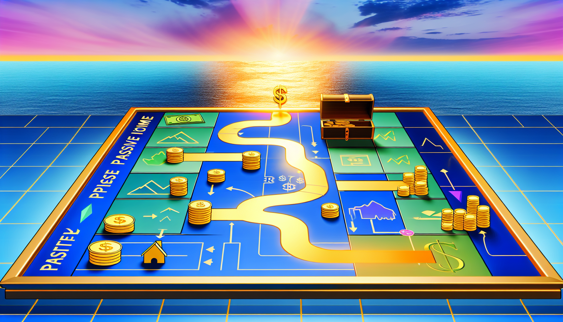 Illustration einer Strategie, die zu passivem Einkommen fÃ¼hrt. Ein komplexes Brettspiel-Setup zeigt verschiedene finanzielle Symbole wie Geld, Aktien und Immobilien, die den strategischen Ansatz darstellen. Ein goldener Pfad verbindet diese Elemente und deutet auf die schrittweise Ansammlung von Wohlstand hin, die zu einer groÃŸen Schatztruhe fÃ¼hrt, die passives Einkommen symbolisiert. Der Hintergrund zeigt ein ruhiges Meer, das Frieden und StabilitÃ¤t symbolisiert, und einen lebhaften Sonnenaufgang, der die strahlende Zukunft anzeigt, die durch die Strategie ermÃ¶glicht wird.