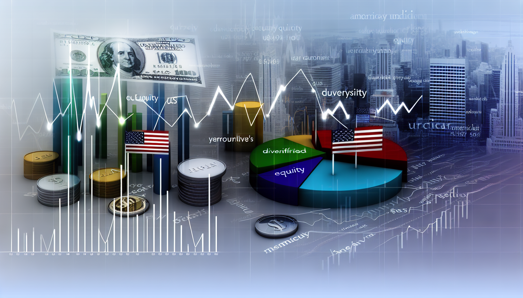 Eine detaillierte Visualisierung eines Konzepts im Zusammenhang mit US-Aktienfonds, das Elemente des Aktienmarkthandels und der Investition symbolisiert. Das Bild enthÃ¤lt mehrfarbige Tortendiagramme, die diversifizierte Portfolios darstellen, Liniendiagramme, die Markttrends anzeigen, und eine Kulisse von Wolkenkratzern, die das Finanzviertel symbolisieren. Amerikanische WÃ¤hrungen, sowohl MÃ¼nzen als auch Scheine, sind subtil in das Design integriert, wÃ¤hrend finanzielle Begriffe und Symbole sanft darÃ¼ber schweben.