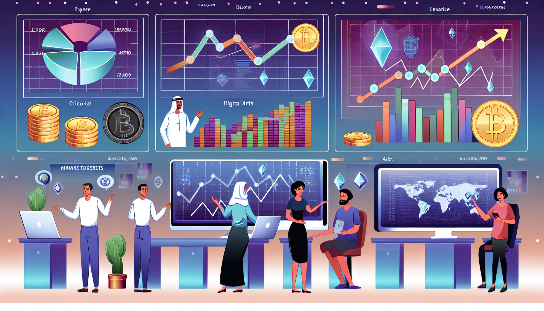 Eine Darstellung der passiven Einkommensgenerierung mit digitalen VermÃ¶genswerten. Zeigen Sie verschiedene Arten von digitalen VermÃ¶genswerten wie KryptowÃ¤hrungen, digitale Kunst und Online-Aktien. FÃ¼gen Sie Diagramme hinzu, die den Wertzuwachs im Laufe der Zeit veranschaulichen. Integrieren Sie vielfÃ¤ltige Charaktere, wie einen Mann aus dem Nahen Osten und eine kaukasische Frau, die aktiv ihre digitalen Portfolios auf ihren GerÃ¤ten betrachten und Ã¼berwachen. Um die Szene abzurunden, fÃ¼gen Sie Elemente der digitalen Technologie wie Computer, Tablets oder futuristische Displays hinzu, die Markttrends und -schwankungen widerspiegeln.