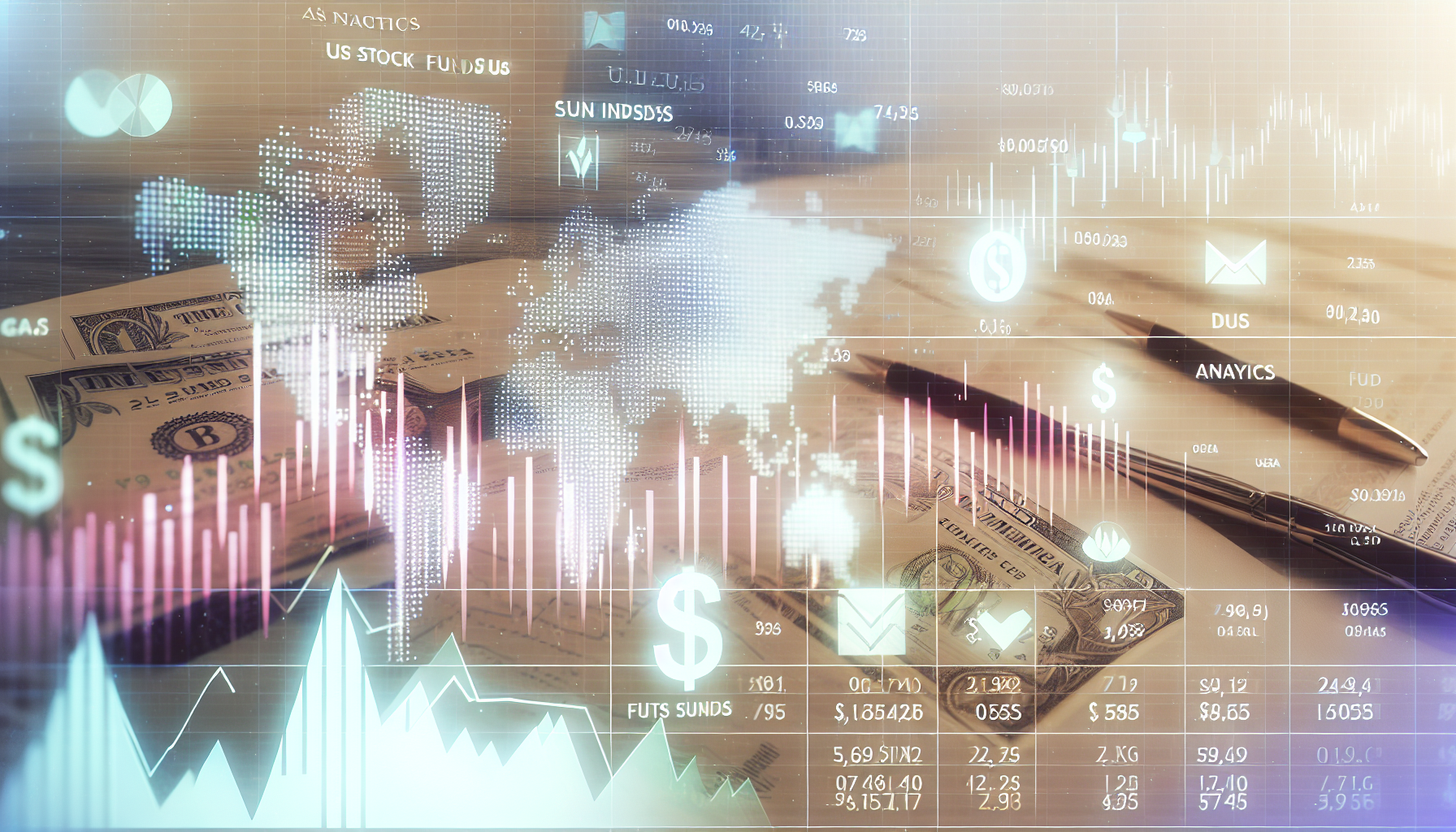 Ein Bild, das das Konzept von US-Aktienfonds darstellt, einschlieÃŸlich Elementen wie Analyse-Diagrammen, Aktienindizes, WÃ¤hrungssymbolen und Finanzdokumenten. Die GesamtatmosphÃ¤re sollte die Dynamik des Aktienmarktes mit Auf- und AbwÃ¤rtsbewegungen anzeigen.