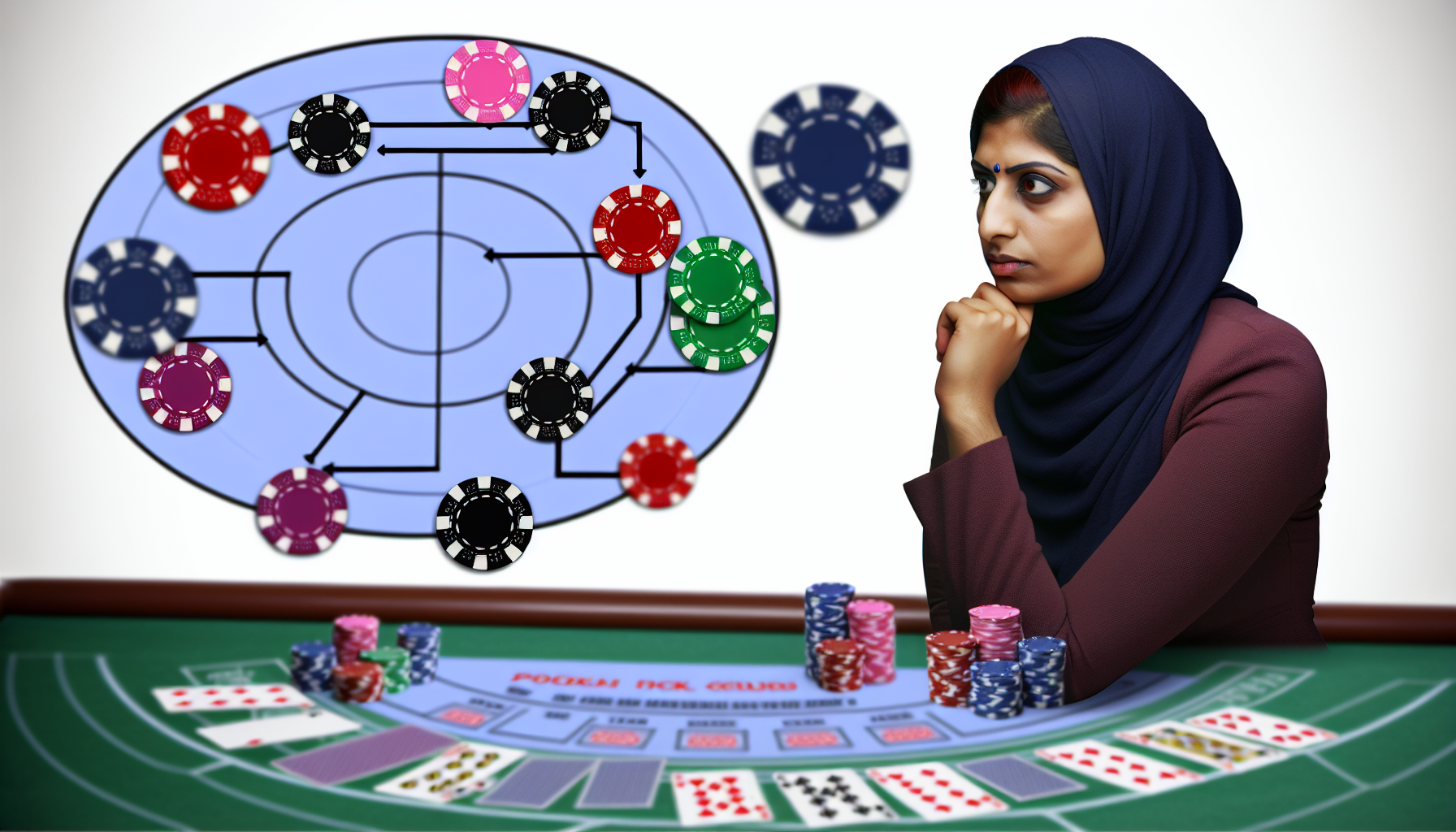 Eine Visualisierung einer Person, die Ã¼ber verschiedene taktische ZÃ¼ge an einem traditionellen Casinotisch mit Kartenspielen nachdenkt. Die Person, eine Frau aus dem Nahen Osten, ist von Pokerchips in unterschiedlichen Farben umgeben, vor ihr liegen einige Spielkarten, und sie hat einen ernsten, konzentrierten Gesichtsausdruck, wÃ¤hrend sie ihre GlÃ¼cksspielstrategie ausarbeitet, um Geld zu gewinnen.