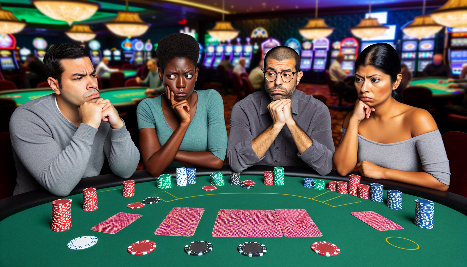 Ein Bild, das ein Pokerspiel zeigt, mit vier Spielern um den Tisch. Jeder Spieler ist tief konzentriert und zeigt strategisches Denken â€“ sie studieren ihre eigenen Karten, beobachten die Gegner und berechnen Wahrscheinlichkeiten. Die Spieler sind: ein hispanischer Mann, eine schwarze Frau, ein weiÃŸer Mann und eine sÃ¼dasiatische Frau. Sie haben verschiedene GesichtsausdrÃ¼cke â€“ Nachdenklichkeit, Aufregung, Anspannung. Auf dem grÃ¼nen Filztisch liegen mehrere Stapel Pokerchips in verschiedenen Farben. Hinter ihnen ist das Innere eines Casinos mit Spielautomaten, Roulettetischen und weiteren Spielern im Hintergrund.