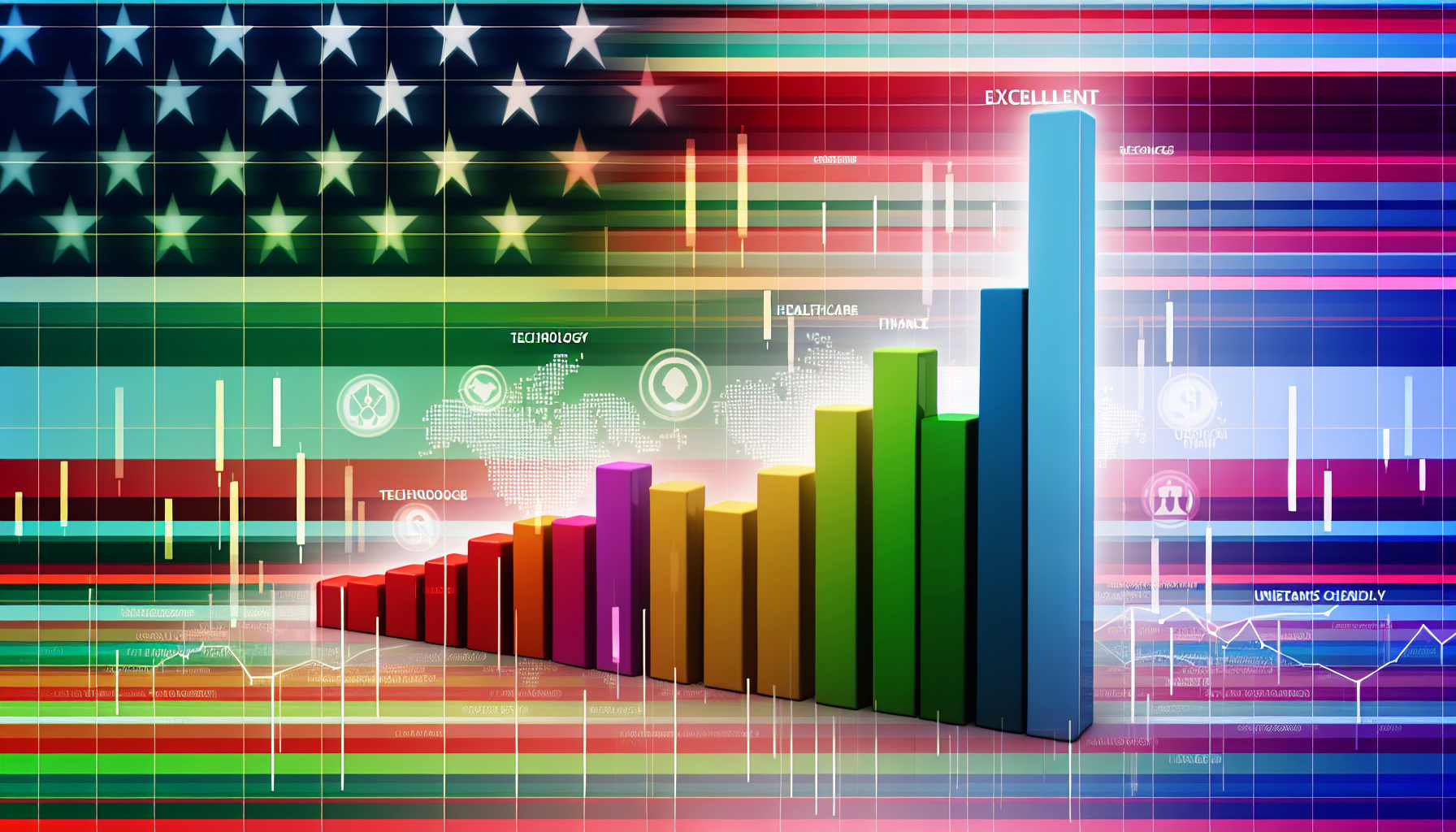 Eine Illustration hervorragender US-Aktienfonds, dargestellt als lebhaftes, aufsteigendes Balkendiagramm. Jeder Balken hat eine andere Farbe und ist mit verschiedenen Sektoren beschriftet, etwa Technologie, Gesundheitswesen, Finanzen und mehr. Die FlÃ¤che ist mit verschiedenen wirtschaftlichen und finanziellen Symbolen gefÃ¼llt, im Hintergrund ist die amerikanische Flagge dezent eingearbeitet.