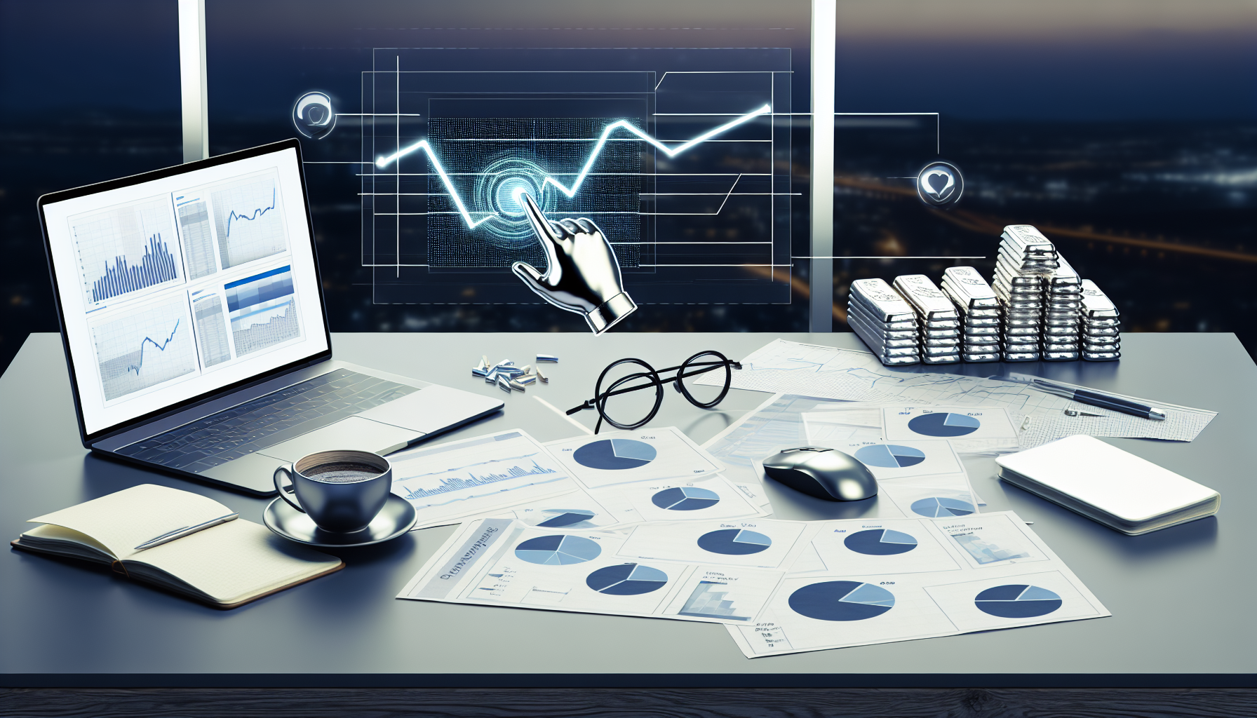 Visuelle Darstellung eines strategischen Silberkaufs. Stelle einen sorgfÃ¤ltig organisierten Tisch dar, bedeckt mit Grafiken und Diagrammen sowie einem Laptop, der die Webseite einer Silberhandelsplattform anzeigt. ErgÃ¤nze eine Brille, eine Tasse Kaffee und ein Notizbuch mit handschriftlichen Strategiepunkten. Seitlich soll eine Hand Ã¼ber einer Maus schweben, bereit zu klicken, und ordentlich gestapelte Silberbarren sollen mÃ¶gliche Investitionen reprÃ¤sentieren. Setze die Szene in einem ruhigen Arbeitszimmer mit einem groÃŸen Fenster, durch das abends eine Stadtlandschaft zu sehen ist.
