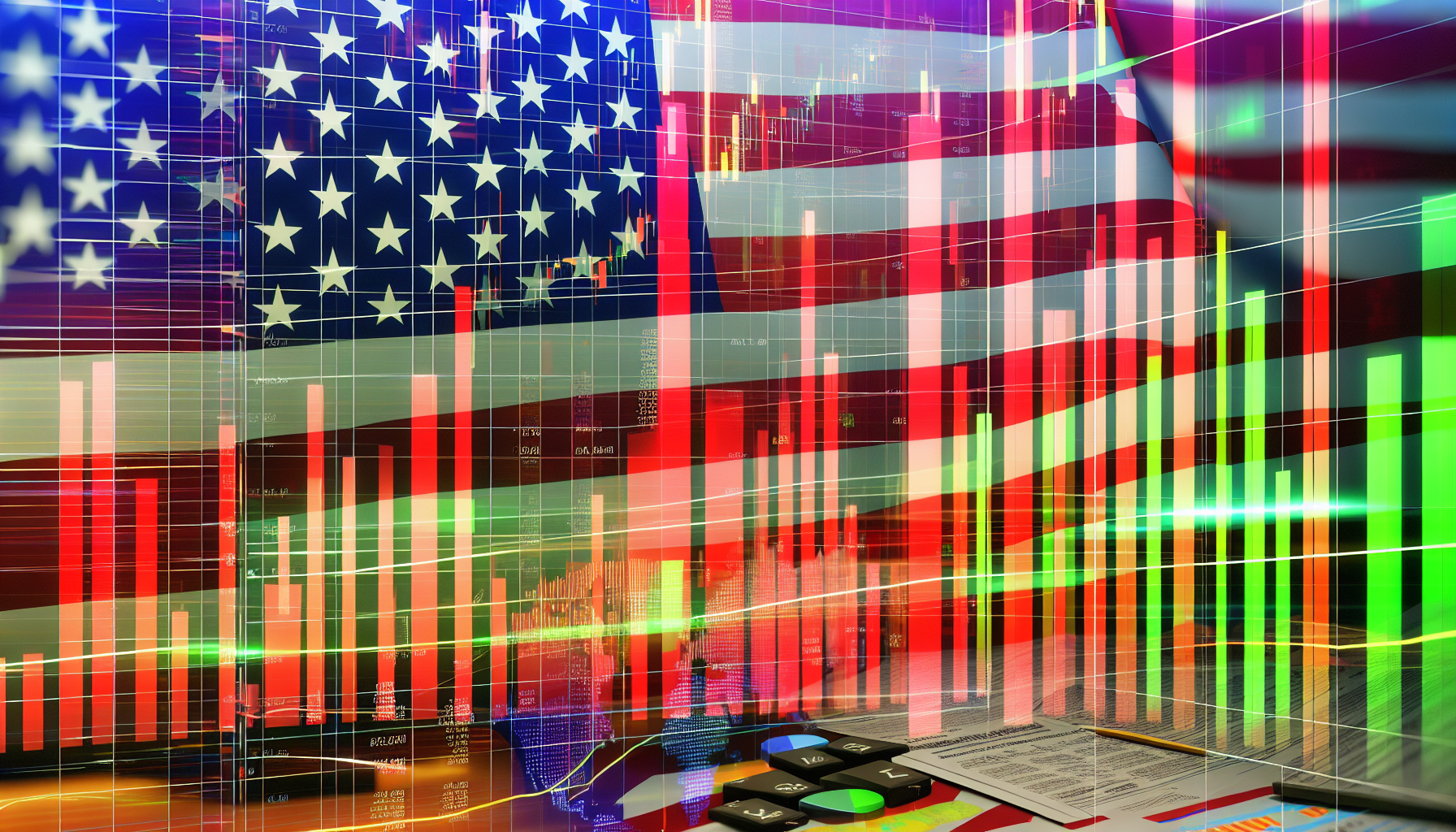 Eine auÃŸergewÃ¶hnliche Darstellung von US-Aktienfonds, symbolisiert durch ein horizontales Balkendiagramm, das Wachstum und unterschiedliche HÃ¶hen zeigt, vor dem Hintergrund der ikonischen amerikanischen Flagge. Bedeutende Zeitstempel und Schwankungen im Diagramm sind in lebendigen Farben markiert. Im Vordergrund liegen wichtige Finanzsymbole und Dokumente verstreut, die die komplexe und dynamische Natur des Aktienmarkts veranschaulichen.