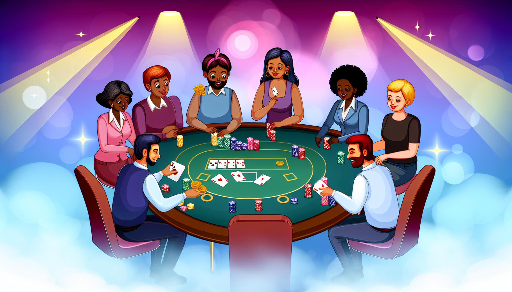 Eine Illustration einer Gruppe von Menschen verschiedener ethnischer Herkunft und unterschiedlicher Geschlechter, die ein traditionelles Casinospiel wie Poker spielen. Sie planen, strategisieren und berechnen Wahrscheinlichkeiten, umgeben von den lebendigen Lichtern und Geräuschen des Casino-Bereichs, mit einem ausgewogenen Gefühl von Spannung und Aufregung in der Luft. Der Fokus des Bildes sollte auf den strategischen Aspekten des Spiels liegen, wie der sorgfältigen Abwägung von Wahrscheinlichkeiten und dem Lesen der Gegner. Hinweis: Bitte keine Bilder erstellen, die Geldgewinne oder -verluste darstellen.