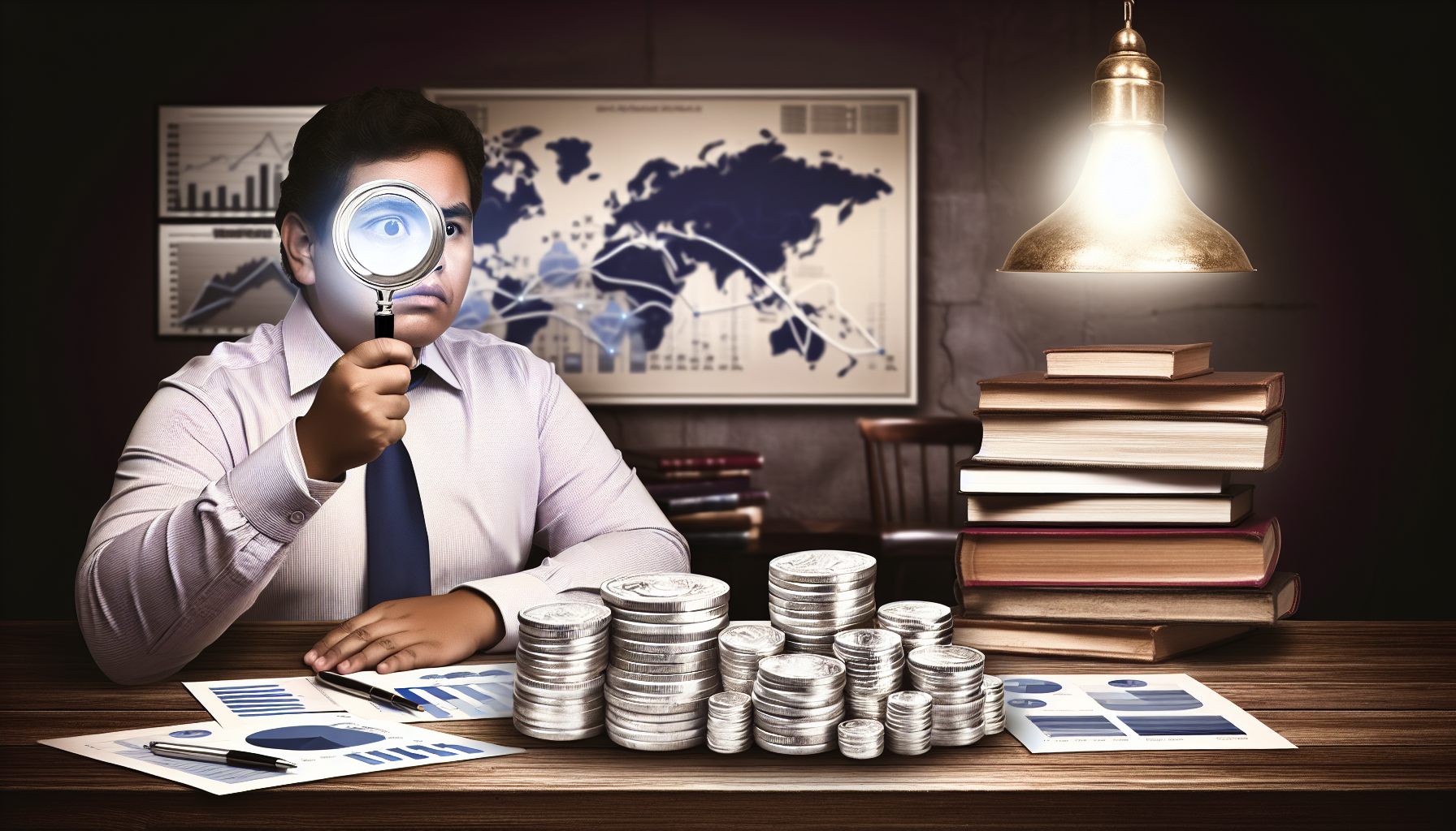 Stellen Sie eine durchdachte und kalkulierte Strategie zum Kauf von Silber dar. Die Szene kann eine Person hispanischer Abstammung zeigen, die mit einer Lupe einen leuchtenden Haufen SilbermÃ¼nzen auf einem hÃ¶lzernen Tisch analysiert. Gestapelte Diagramme, Grafiken und FinanzbÃ¼cher kÃ¶nnen ebenfalls Ã¼ber den Tisch verstreut sein. Der Raum ist schwach beleuchtet und erhÃ¤lt weiches Licht von einer Vintage-Lampe. Die WÃ¤nde sind mit Weltkarten und Finanzpostern geschmÃ¼ckt. Wesentliche Elemente sollten die Ernsthaftigkeit und die strategische Denkweise beim Kauf von Silber vermitteln.