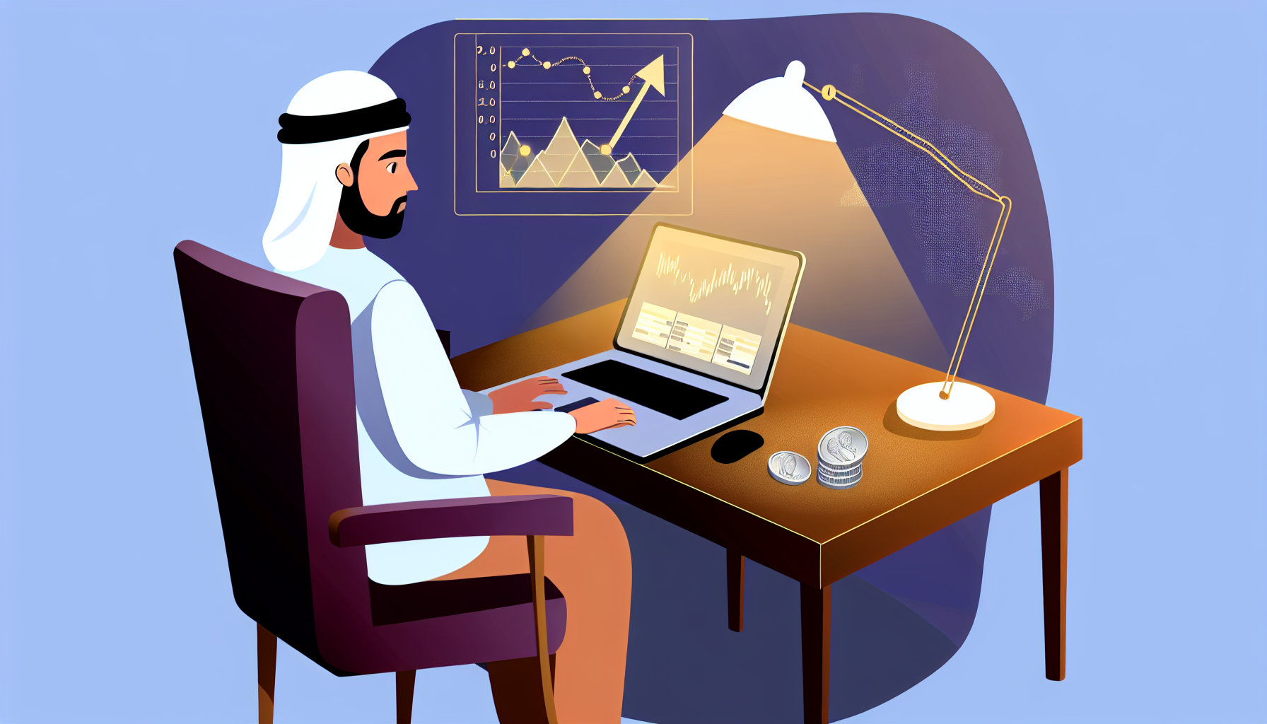 Eine Illustration eines strategischen Silberkaufs. Zeigen Sie eine Szene, in der ein Mann mittlerer Ã¶stlicher Abstammung vor einem Laptop sitzt und Daten und Grafiken zum Silbermarkt analysiert. FÃ¼gen Sie Diagramme hinzu, die Trends der Silberpreise zeigen. Die Schreibtischlampe sollte eingeschaltet sein und warmes Licht Ã¼ber den Arbeitsplatz werfen. FÃ¼gen Sie eine SilbermÃ¼nze in seiner Hand hinzu, um sie nÃ¤her zu betrachten. Diese Szene reprÃ¤sentiert die sorgfÃ¤ltige Planung und Strategie, die mit dem Kauf von Silber verbunden sind.