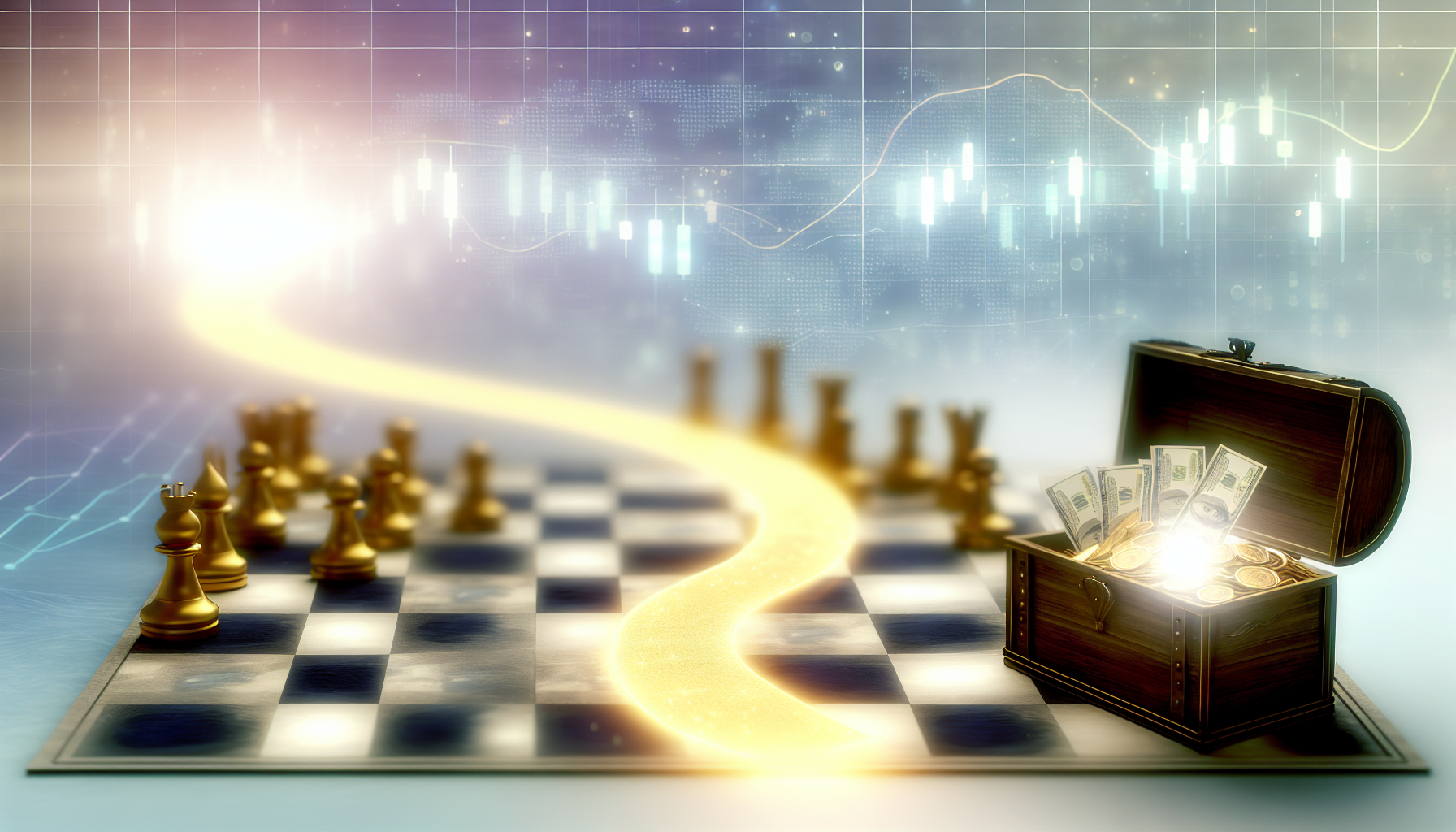 Eine abstrakte Darstellung einer Strategie, die zu passivem Einkommen fÃ¼hrt. Visualisieren Sie ein Schachbrett mit verstreuten Figuren, die einen strategischen Plan reprÃ¤sentieren. Ein goldener Pfad entsteht aus dem Schachbrett und fÃ¼hrt zu einer Schatztruhe, die mit MÃ¼nzen und Geldscheinen gefÃ¼llt ist, was passives Einkommen symbolisiert. Die gesamte Szene ist sanft beleuchtet und vermittelt ein GefÃ¼hl von Ruhe und Sicherheit. Im Hintergrund deutet ein leicht verschwommenes Bild eines Aktienmarktgraphen auf den finanziellen Kontext hin.