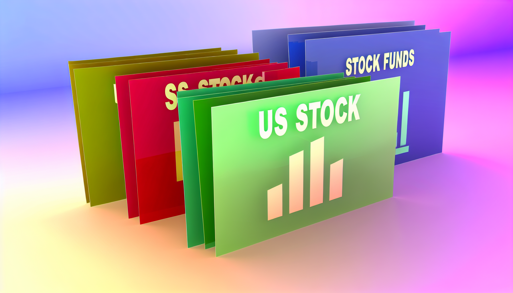Eine Sammlung verschiedener US-Aktienfonds, dargestellt als übereinander gestapelte, leuchtend bunte, im Flat-Design gehaltene Dokumente, darüber die Aufschrift „US Stock Funds“ auf einem sanften Farbverlauf-Hintergrund.