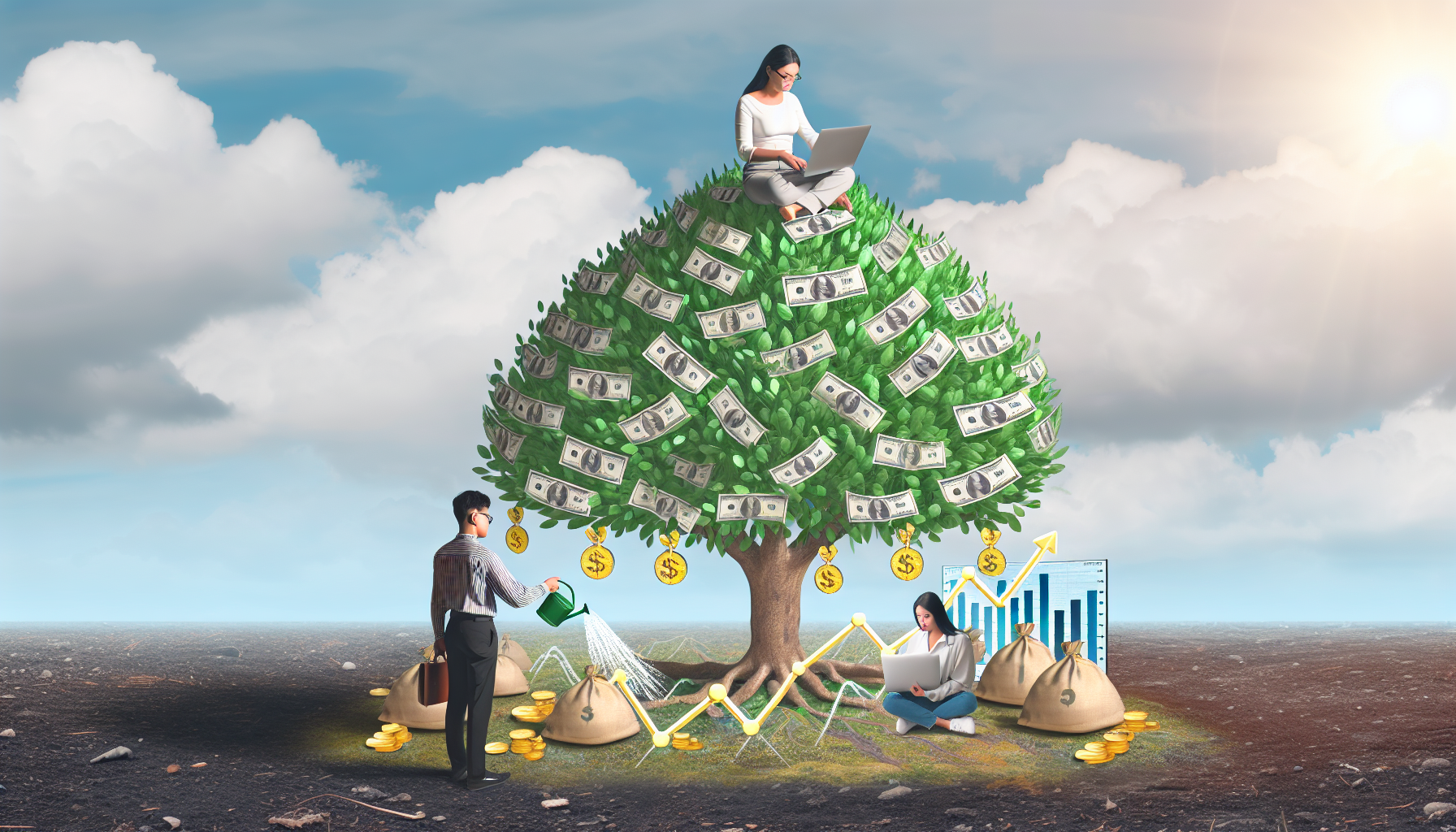 Stellen Sie sich eine Darstellung einer passiven Einkommensstrategie vor. Ein robuster Geldbaum wÃ¤chst, wÃ¤hrend ein asiatischer Mann ihn gieÃŸt, was die Pflege der Strategie symbolisiert. Die Ã¼ppigen grÃ¼nen BlÃ¤tter bestehen aus Banknoten, und goldene MÃ¼nzen hÃ¤ngen von den Ã„sten. Unter dem Baum sitzt eine kaukasische Frau, die auf einem Laptop mit Grafiken schaut, die ein Einkommenswachstum zeigen. Der Hintergrund ist mit einem hellen, sonnigen Himmel und ein paar flauschigen weiÃŸen Wolken gefÃ¼llt, was eine strahlende finanzielle Zukunft andeutet.