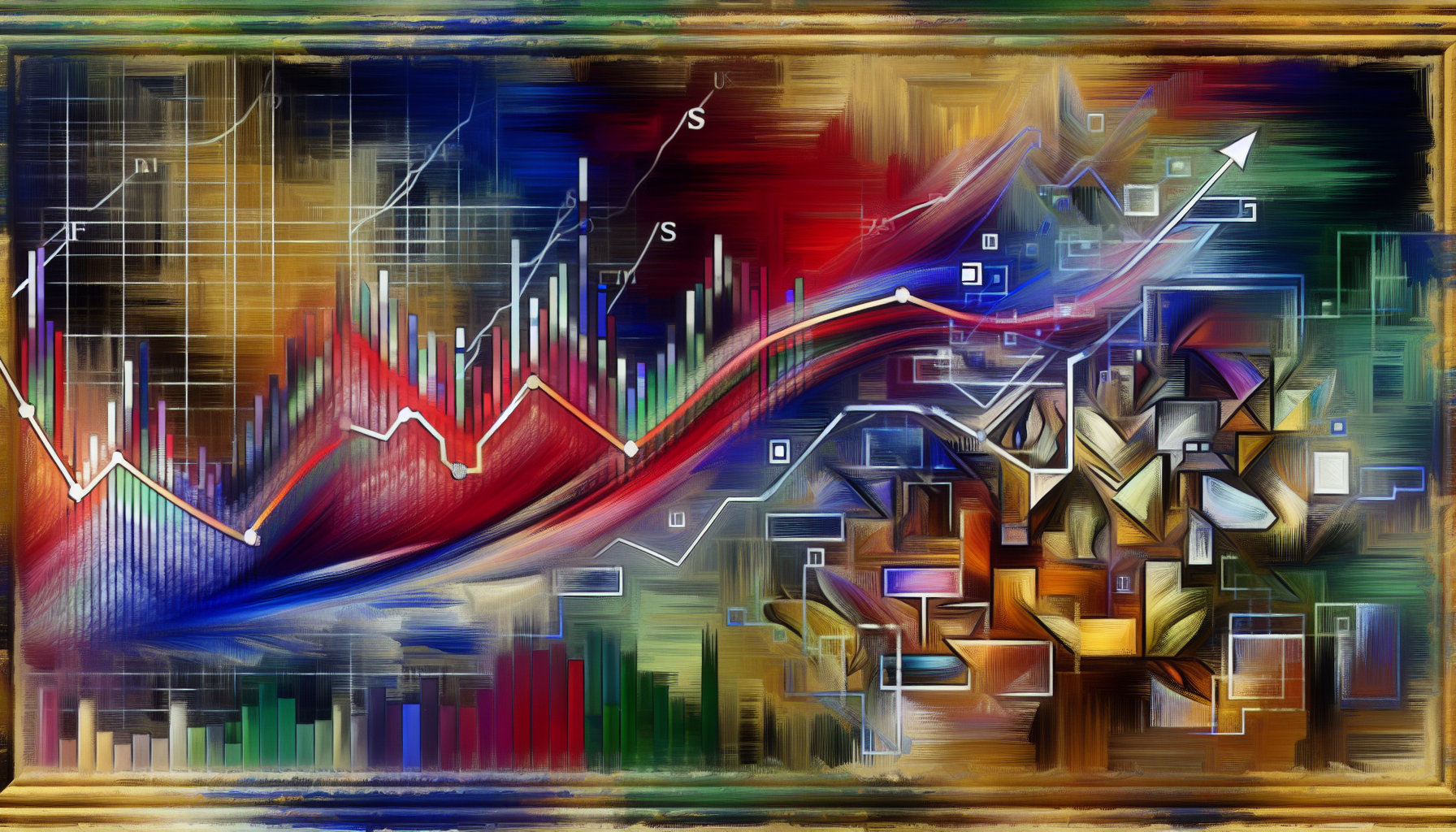 Eine detaillierte und abstrakte Darstellung eines USâ€‘Aktienfonds, dargestellt als dynamisches Zusammenspiel farbenfroher Diagramme und Finanzsymbole, die harmonisch auf einer Leinwand angeordnet sind, die von Stillleben des 18. Jahrhunderts inspiriert ist. Das Bild verschmilzt kreativ Alt und Neu und stellt die Zeitlosigkeit antiker Kunst der Unmittelbarkeit moderner FinanzmÃ¤rkte gegenÃ¼ber.