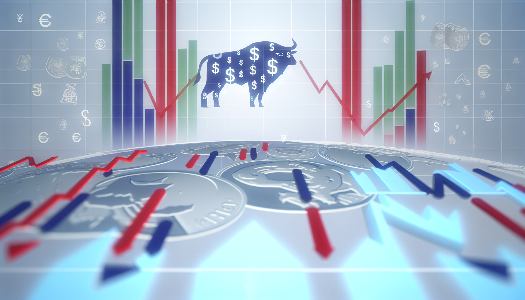 Weitwinkelaufnahme eines dekorativen Diagramms, das das Wachstum und die Schwankungen von US-Aktienfonds symbolisiert. Die Statistiken werden durch blaue, rote und grÃ¼ne Linien und Balken vor einem hellgrauen Hintergrund dargestellt. Zwischen den grafischen Darstellungen sind Symbole von Bullen und BÃ¤ren eingestreut, die Markttrends anzeigen. Verschiedene WÃ¤hrungen sind ebenfalls abgebildet, um den Kontext internationaler Investitionen zu verdeutlichen.