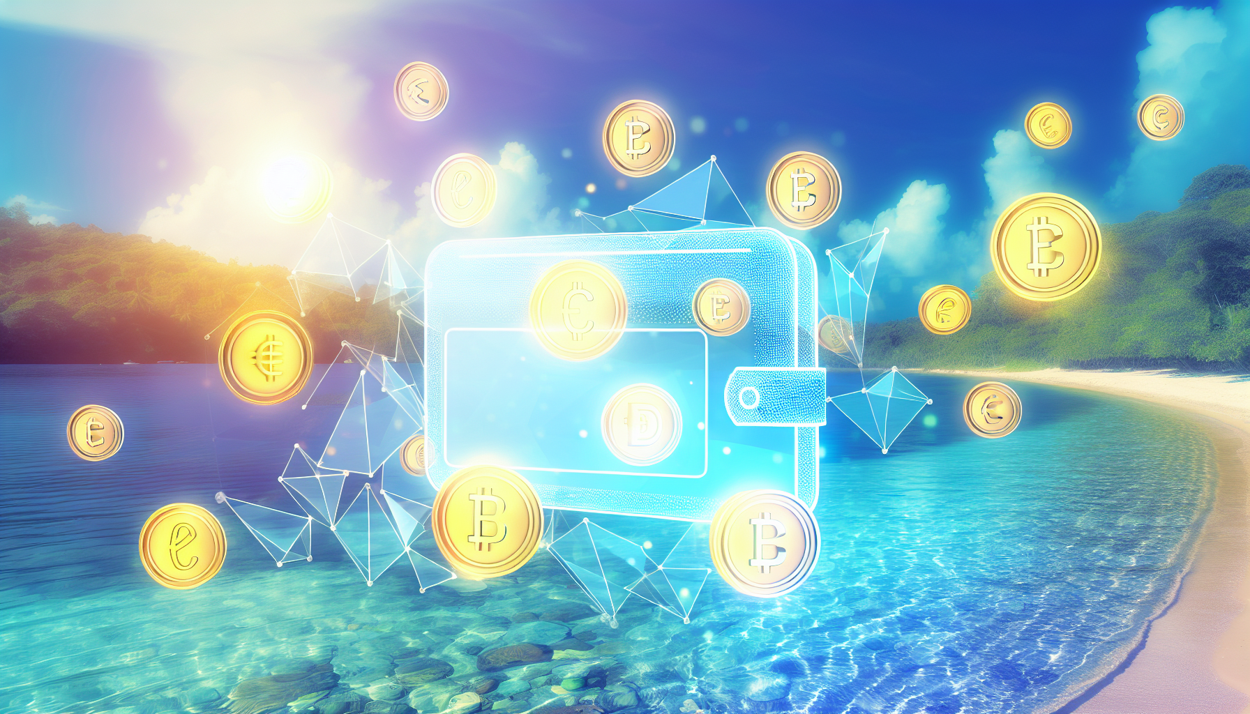 Eine Darstellung der passiven Einkommensgenerierung mit digitalen VermÃ¶genswerten. Vielleicht zeigen Sie MÃ¼nzen oder Symbole, die verschiedene digitale VermÃ¶genswerte reprÃ¤sentieren, die in eine transparente digitale Brieftasche flieÃŸen. Im Hintergrund eine friedliche Szene, die finanzielle Freiheit darstellt, wie ein ruhiger Strand oder ein stiller Wald. FÃ¼gen Sie der gesamten Bildkomposition einen modernen digitalen Touch hinzu, um die digitale Natur des Themas widerzuspiegeln. Achten Sie darauf, dass die Farben lebhaft und ansprechend sind.