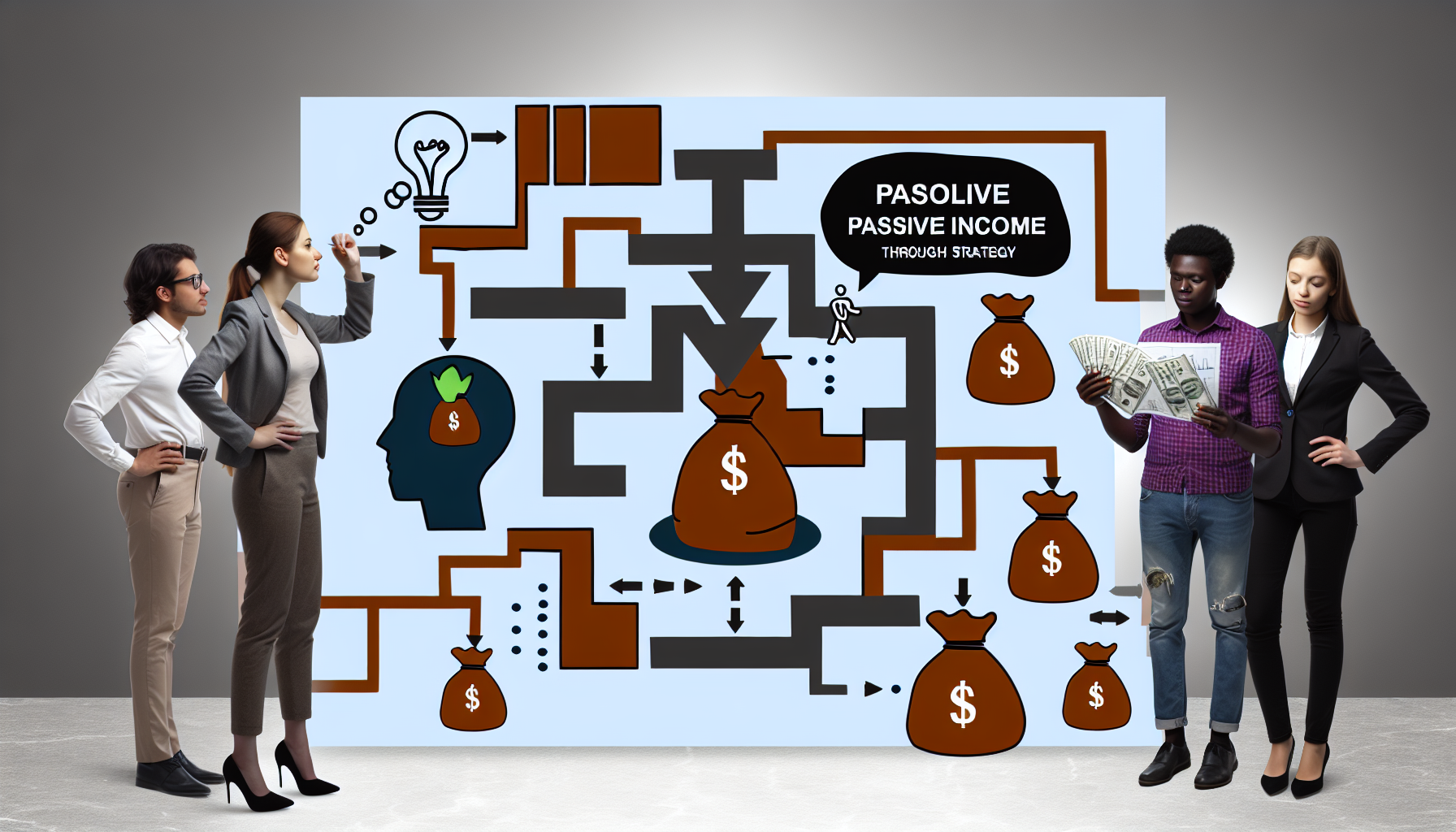 Ein konzeptionelles Design, das die Idee des passiven Einkommens durch Strategie hervorhebt. Ein kompliziertes Labyrinth, in dem der Ausgangspunkt eine Person mit einer Gedankenblase voller strategischer Ideen ist. Die Zwischenpunkte sind mit kleinen GeldsÃ¤cken gefÃ¼llt, die das angesammelte passive Einkommen reprÃ¤sentieren. Der Endpunkt des Labyrinths ist ein groÃŸer Geldsack. AuÃŸerdem sollte ein Flussdiagramm enthalten sein, das von verschiedenen Personen aus unterschiedlichen HintergrÃ¼nden studiert wird â€“ einer mittelÃ¶stlichen Frau und einem schwarzen Mann, beide in lÃ¤ssiger Kleidung, die die Umsetzung der Strategie zeigen.