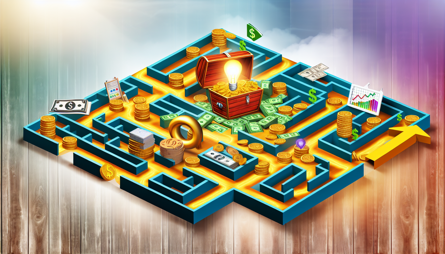 Eine Illustration, die das Konzept der Generierung von passivem Einkommen durch strategische Finanzplanung veranschaulicht. Daher kann es als abstraktes Konzept durch ein lebendiges Bild dargestellt werden. Ein Labyrinth, in dem glÃ¤nzende GoldmÃ¼nzen und Dollar-Scheine den Weg sÃ¤umen. Im Herzen des Labyrinths befindet sich eine Schatztruhe, die Ã¼berquillt vor Reichtum. Rund um den Rand des Bildes sind verschiedene Investitions- und Geldverdienwerkzeuge zu sehen: BÃ¼cher, Grafiken von Aktienmarkttrends, Mietimmobilien, ein Computer mit einer Website fÃ¼r Online-GeschÃ¤fte. Dies liegt auf einem Holzuntergrund mit einer leuchtenden GlÃ¼hbirne, die darÃ¼ber hÃ¤ngt und Ideen sowie Strategien symbolisiert.