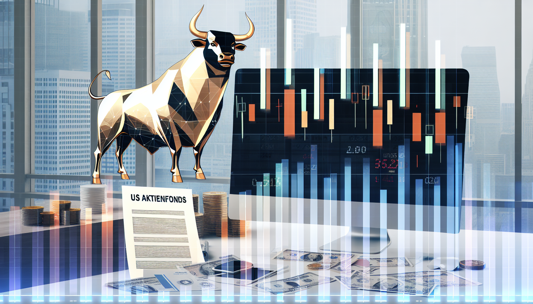 Eine Illustration von US-Aktienfonds, allgemein bekannt als â€žUS Aktienfondsâ€œ. Das Bild zeigt verschiedene Elemente wie einen krÃ¤ftigen Stier, der den Bullenmarkt symbolisiert, verschiedene Arten von US-amerikanischen Banknoten und MÃ¼nzen sowie Balkendiagramme, die das Auf und Ab von Aktienkursen darstellen. Bitte fÃ¼gen Sie auÃŸerdem einen Stapel Dokumente mit der Beschriftung â€žUS Aktienfondsâ€œ auf einem Schreibtisch hinzu, auf dem ein moderner Computer eine Handelsplattform mit umfangreichen BÃ¶rsenanalysen anzeigt. Die Szene spielt in einem modernen FirmenbÃ¼ro mit einem groÃŸen, sauberen Fenster im Hintergrund, das die Skyline eines belebten Finanzviertels zeigt.