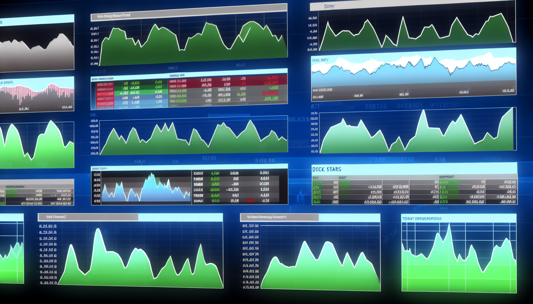 Ein Array von verschiedenen US-Aktienfonds, dargestellt auf einer digitalen BenutzeroberflÃ¤che. Die Anzeige umfasst eine Vielzahl von Tortendiagrammen, Balkendiagrammen und Liniendiagrammen, die schwankende Muster zeigen, um die verschiedenen Markttrends und die Leistung der Fonds zu verdeutlichen. Der Hintergrund ist in einem tiefen Blau gehalten, kontrastiert durch leuchtendes GrÃ¼n, Rot und weiÃŸe Grafiken, um die Daten zu veranschaulichen. Die Namen der Fonds sind deutlich in fetter, weiÃŸer Schrift beschriftet. Die BenutzeroberflÃ¤che enthÃ¤lt auch Abschnitte, die detaillierte Informationen zu jedem Fonds bereitstellen, einschlieÃŸlich seiner bisherigen Leistung, Risikostufe und potenziellen Rendite.