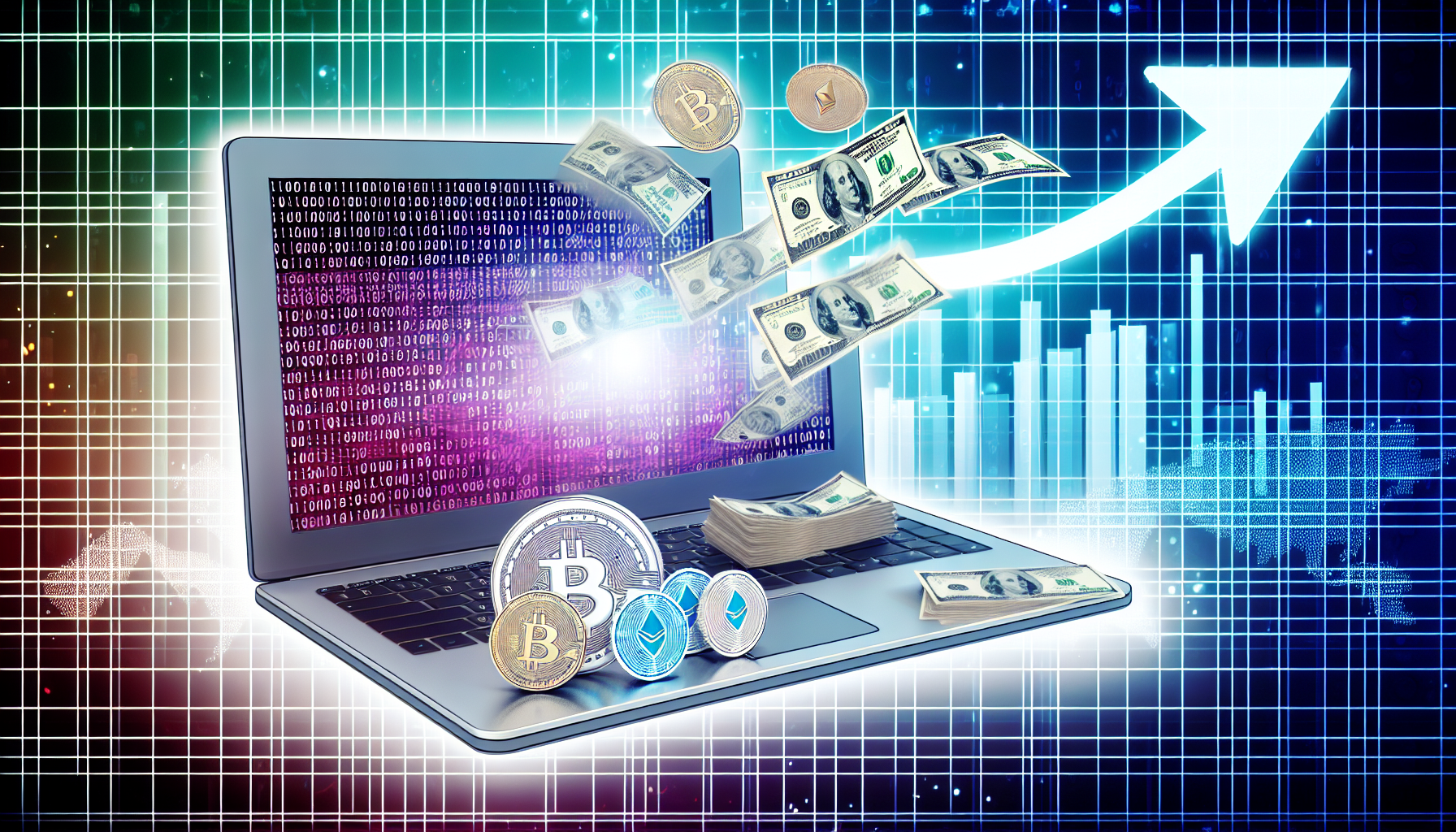 Stellen Sie sich ein Szenario vor, in dem digitale VermÃ¶genswerte passives Einkommen generieren. Auf einem Laptop wird ein Bildschirm mit binÃ¤ren Codes angezeigt, und Dollar-Scheine flieÃŸen aus dem Bildschirm heraus. Rund um den Laptop sind Darstellungen von digitalen WÃ¤hrungen wie Bitcoin- und Ethereum-MÃ¼nzen verstreut. Im Hintergrund ist ein Diagramm integriert, das einen stetigen AufwÃ¤rtstrend zeigt, um Wachstum und Steigerung des Einkommens zu symbolisieren.