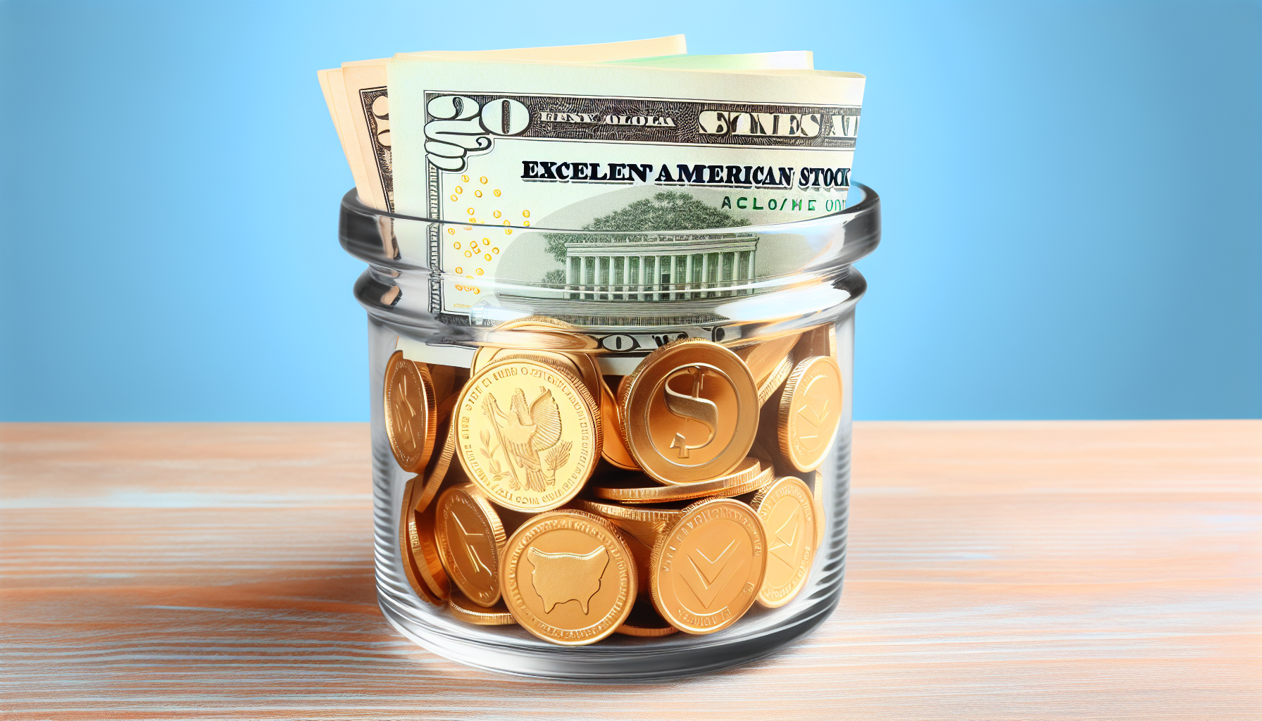 Ausgezeichnete amerikanische Aktienfonds dargestellt als eine Ansammlung von goldenen MÃ¼nzen und Papiergeld, die in einem transparenten GlasgefÃ¤ÃŸ verstaut sind. Das GefÃ¤ÃŸ steht auf einem Holztisch vor einem hellblauen Hintergrund. Jede MÃ¼nze und jeder Schein trÃ¤gt ein Emblem, das Wohlstand, Wachstum und finanziellen Erfolg symbolisiert.