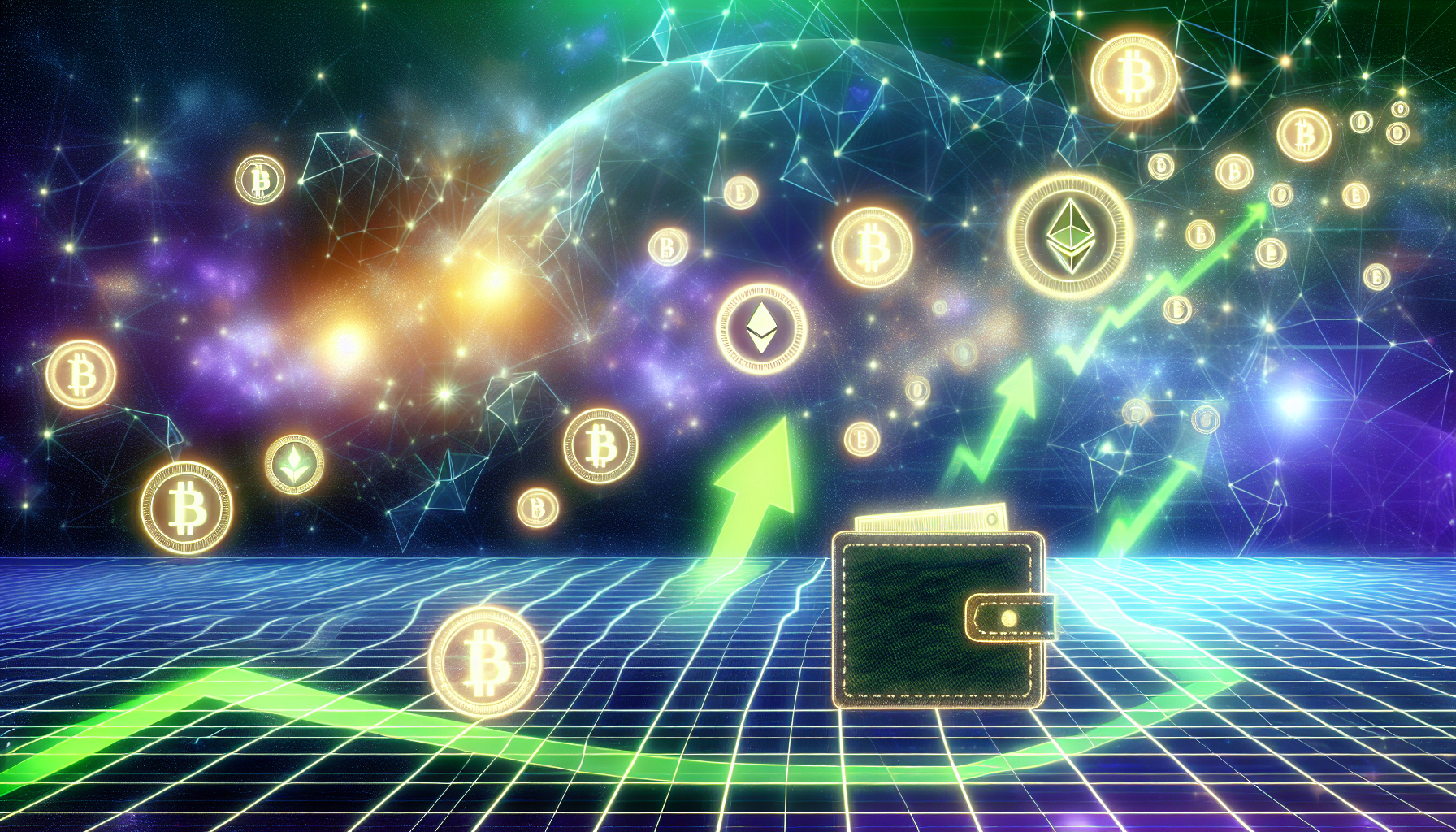 Konzeptionelle Darstellung der Idee â€žPassives Einkommen mit digitalen VermÃ¶genswertenâ€œ. Zeigen Sie eine Galaxie digitaler VermÃ¶genswerte, symbolisiert durch leuchtende, 3D-Icons verschiedener KryptowÃ¤hrungen wie Bitcoin, Ethereum und andere, die im Cyberspace treiben. Stellen Sie auch eine virtuelle Brieftasche dar, in die passives Einkommen flieÃŸt und den finanziellen Weg mit grÃ¼nen, aufwÃ¤rts gerichteten Graphlinien beleuchtet. Der Hintergrund sollte abstrakt und digital sein und eine hochmoderne digitale Landschaft suggerieren.