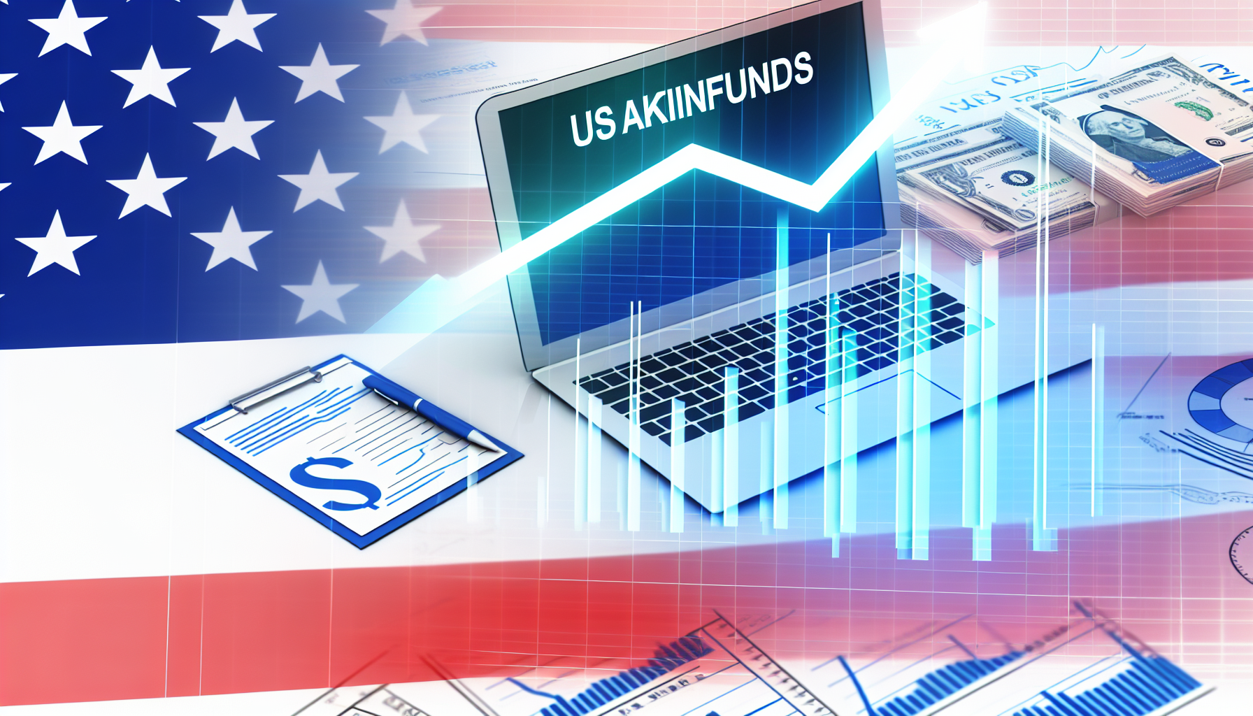 Eine detaillierte Illustration, die das Konzept der US Aktienfonds zeigt. Dieses Bild sollte ein Diagramm enthalten, das den Anstieg und Fall von Aktien anzeigt, sowie einige Finanzunterlagen und einen Laptop, der die aktuellen Finanzmarktdaten anzeigt. Um den US-Herkunft zu symbolisieren, kÃ¶nnten Elemente wie das Dollarzeichen oder die Farben der US-Flagge subtil in das Design integriert werden.