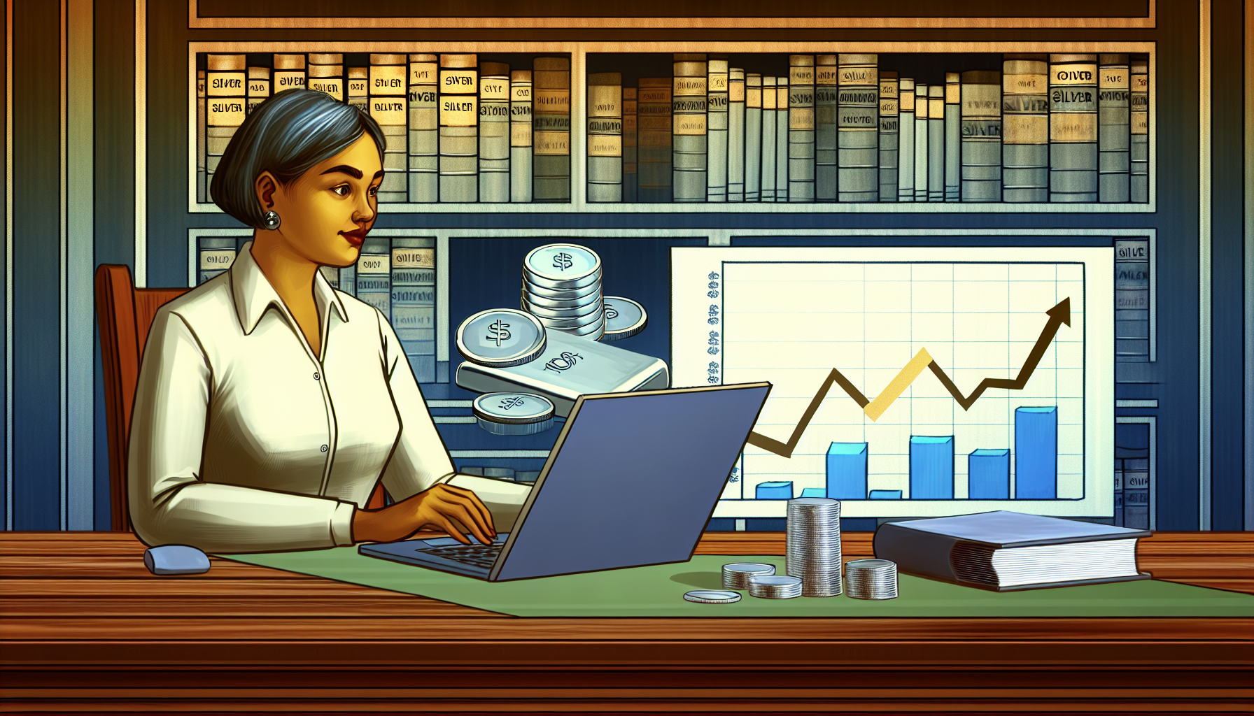 Eine Illustration einer prÃ¤gnanten, durchdachten Strategie zum Kauf von Silber. Stellen Sie sich eine gut gekleidete, sÃ¼dasianische Frau an einem Holztisch vor, die auf ein Laptop schaut, auf dem Diagramme und Grafiken mit steigenden und fallenden Silberpreisen zu sehen sind. Auf dem Tisch kÃ¶nnten ein physischer Silberbarren und verstreute MÃ¼nzen liegen, was andeutet, dass sie auch mit physischem Silber handelt. Die AtmosphÃ¤re ist anspruchsvoll, mit BÃ¼cherregalen, die mit gewichtigen BÃ¼chern Ã¼ber Finanzen und Investitionen im Hintergrund gefÃ¼llt sind. Alles im stilisierten Ansatz eines realistischen GemÃ¤ldes des frÃ¼hen 19. Jahrhunderts.