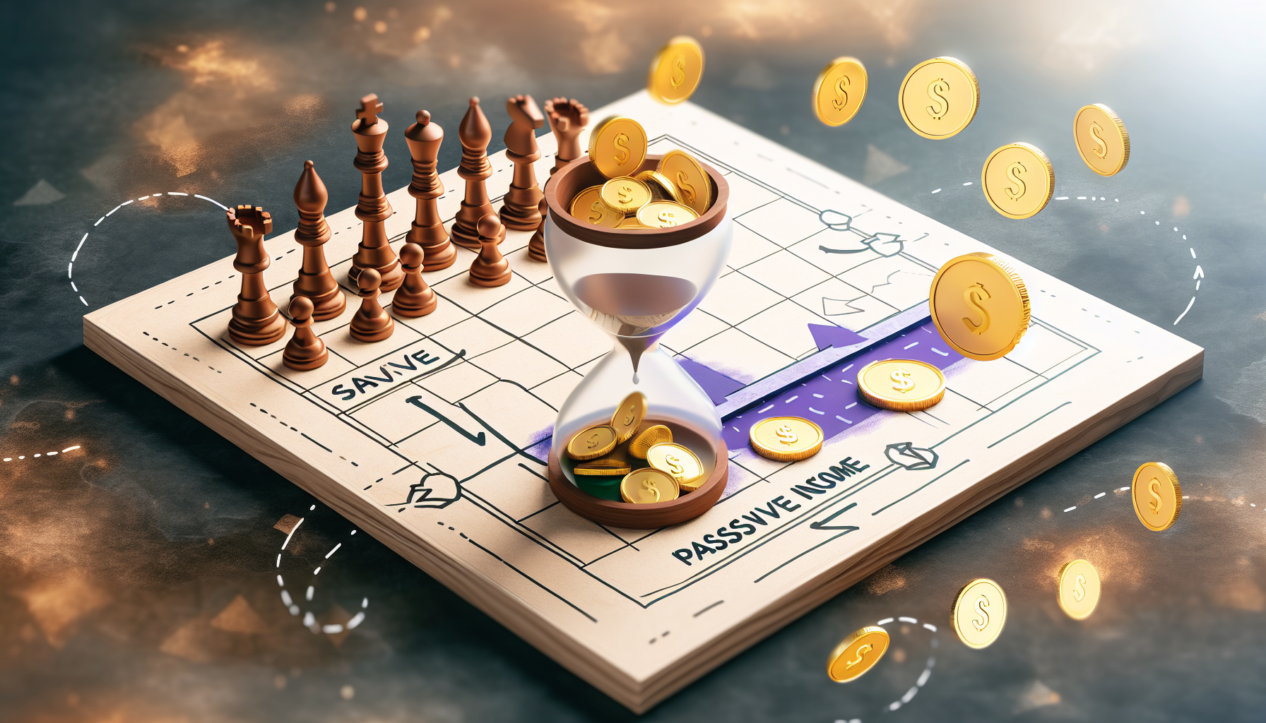 Eine detaillierte konzeptionelle Illustration zur Generierung von passivem Einkommen durch Strategie. Das Bild zeigt ein sorgfÃ¤ltig gestaltetes Brettspiel, das Strategie symbolisiert, sowie flieÃŸende goldene MÃ¼nzen, die Einkommen darstellen. Das Brettspiel enthÃ¤lt Schachfiguren, die verschiedene EinkommensstrÃ¶me und finanzielle Investitionen reprÃ¤sentieren. AuÃŸerdem gibt es eine Sanduhr, die Zeit symbolisiert und darauf hinweist, dass passives Einkommen oft mit einer anfÃ¤nglichen investierten Zeit oder MÃ¼he verbunden ist. Die GesamtatmosphÃ¤re des Bildes vermittelt die Idee von Planung, Geduld und sorgfÃ¤ltiger Entscheidungsfindung.