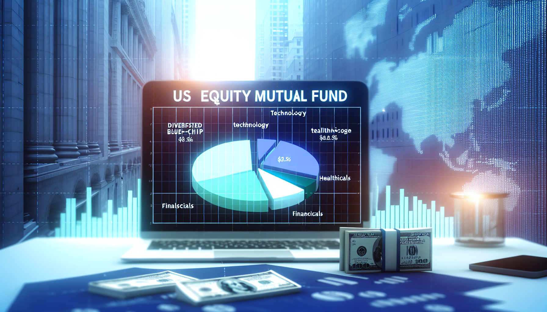 Visuelle Darstellung eines US-Aktienfonds. Stellen Sie sich ein Balkendiagramm oder ein Kreisdiagramm vor, das ein diversifiziertes Portfolio von Blue-Chip-Aktien in Sektoren wie Technologie, Gesundheitswesen und Finanzen zeigt. Der Hintergrund deutet auf eine solide Finanzinstitution oder eine BÃ¶rse hin. Die AtmosphÃ¤re sollte professionell und selbstbewusst wirken. Bitte fÃ¼gen Sie einige Dollarnoten und mÃ¶glicherweise eine Aktentasche oder einen Taschenrechner hinzu.