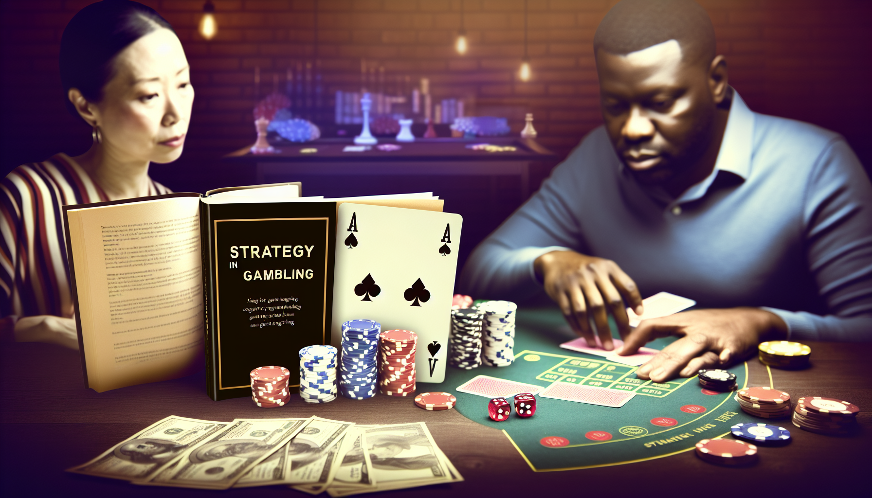 Eine visuelle Darstellung des Konzepts, mithilfe von Strategie beim GlÃ¼cksspiel Geld zu gewinnen. Sie zeigt einen Tisch mit Spielkarten, Jetons, Bargeld und WÃ¼rfeln, an dem eine weiÃŸe Frau und ein schwarzer Mann tief konzentriert ihrem Spiel nachgehen. Der Raum ist in gedÃ¤mpftes, stimmungsvolles Licht getaucht, das eine spannungsgeladene AtmosphÃ¤re erzeugt. Ein Buch mit dem Titel â€žStrategie im GlÃ¼cksspielâ€œ liegt gut sichtbar auf dem Tisch.