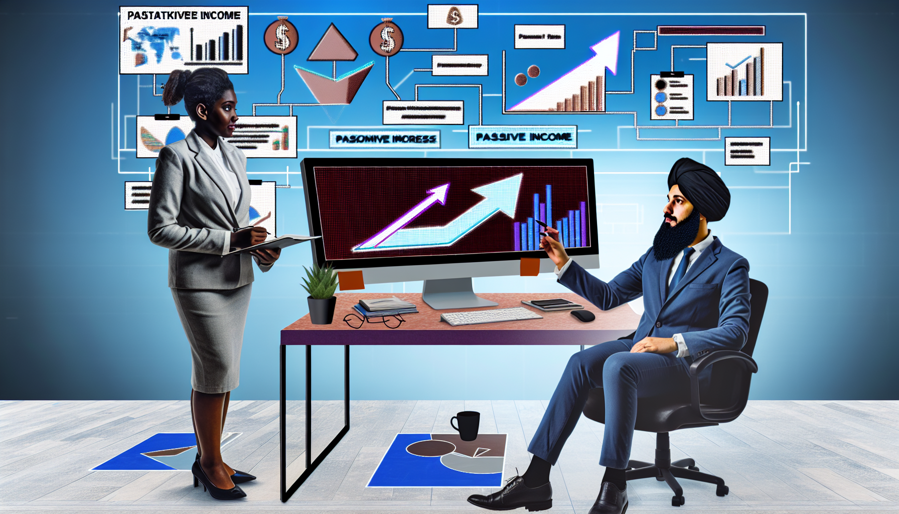 Eine Illustration zeigt einen mittelÃ¶stlichen Mann und eine schwarze Frau, beide in Businesskleidung, die ein Diagramm auf einem Computerbildschirm analysieren, das eine Strategie fÃ¼r passives Einkommen veranschaulicht. Das Diagramm hat nach oben zeigende Pfeile, die Wachstum signalisieren, sowie verschiedene andere Symbole, die finanziellen Fortschritt anzeigen. Der umgebende Raum ist eine ordentlich eingerichtete, moderne BÃ¼roumgebung mit digitalen GerÃ¤ten, Haftnotizen, Diagrammen und Kaffeetassen, die die Szene des strategischen VermÃ¶gensmanagements und den Weg zu einem passiven Einkommensstrom verstÃ¤rken.