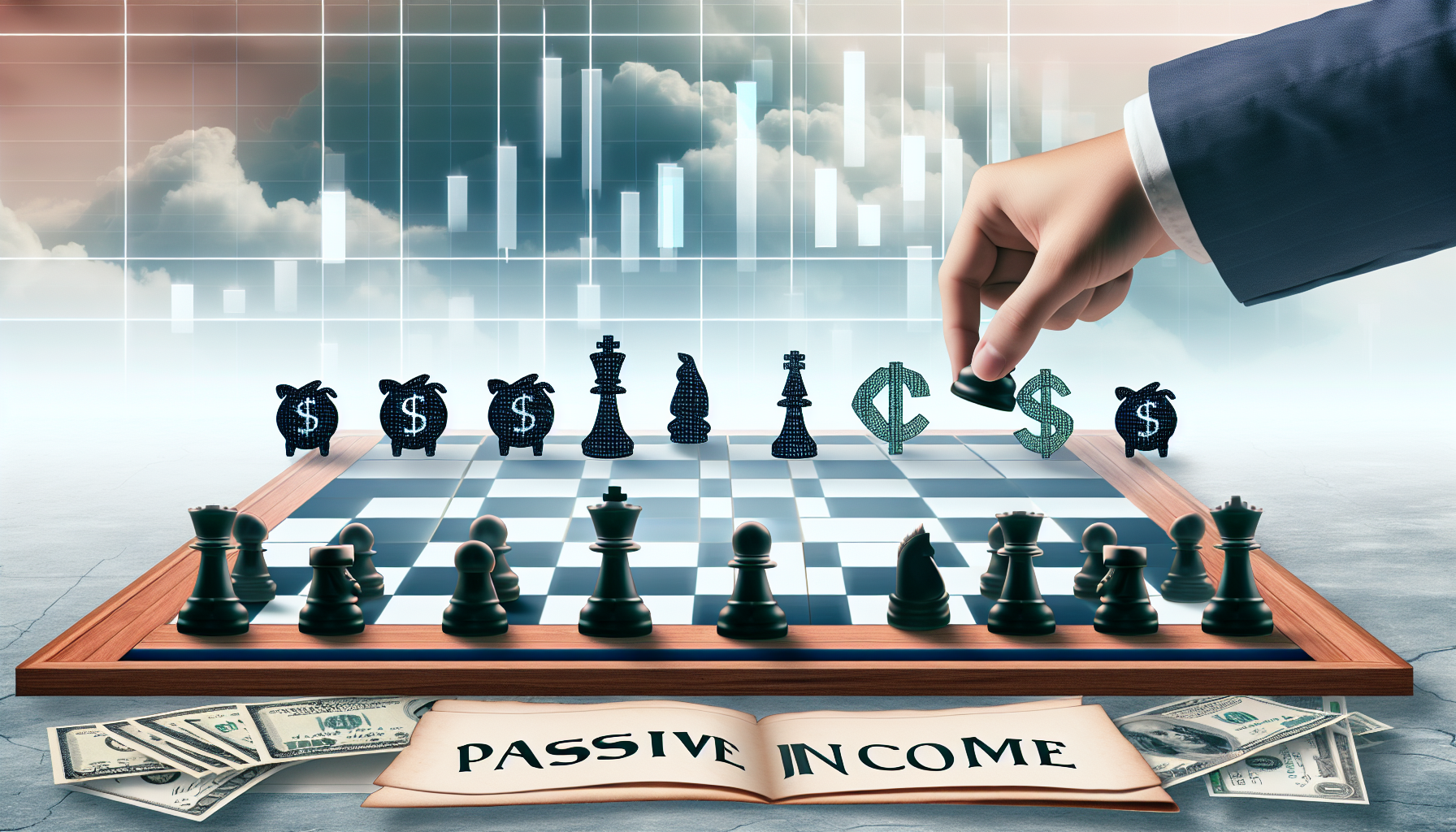 Ein Bild, das das Konzept des passiven Einkommens durch Strategie darstellt. Erwarten Sie ein groÃŸes Schachbrett, auf dem die eine HÃ¤lfte der Figuren mit WÃ¤hrungssymbolen verziert ist, die Geld reprÃ¤sentieren, und die andere HÃ¤lfte verschiedene Finanzstrategien symbolisiert, wie Aktienmarkt-Diagramme, Sparschweine und Immobilien. Eine unsichtbare Hand eines Spielers positioniert eine Figur auf dem Brett, was die strategische Bewegung betont. Der Hintergrund ist eine ruhige und luxuriÃ¶se Szene, die das Konzept der finanziellen Freiheit verstÃ¤rkt. An der Seite liegt ein Hauptbuch, auf dem die Worte 'Passives Einkommen' eingraviert sind.