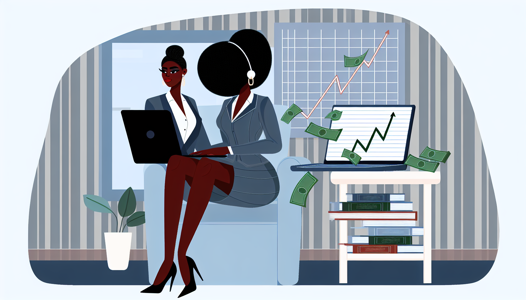 Illustration einer Frau afrikanischer Abstammung, die in stilvoller Businesskleidung gekleidet ist und strategisch die Finanzmarktgrafiken auf ihrem Laptop analysiert. Sie sitzt in einem ruhigen und luxuriÃ¶sen Homeoffice, wÃ¤hrend Geldscheine elegant um sie herum schweben, was passives Einkommen symbolisiert. In der NÃ¤he ist ein BÃ¼cherregal mit Finanz- und InvestitionsbÃ¼chern sichtbar. Die Szene vermittelt die Idee von konstantem Cashflow und stabilen Einnahmen durch durchdachte Entscheidungen und clevere Strategien.