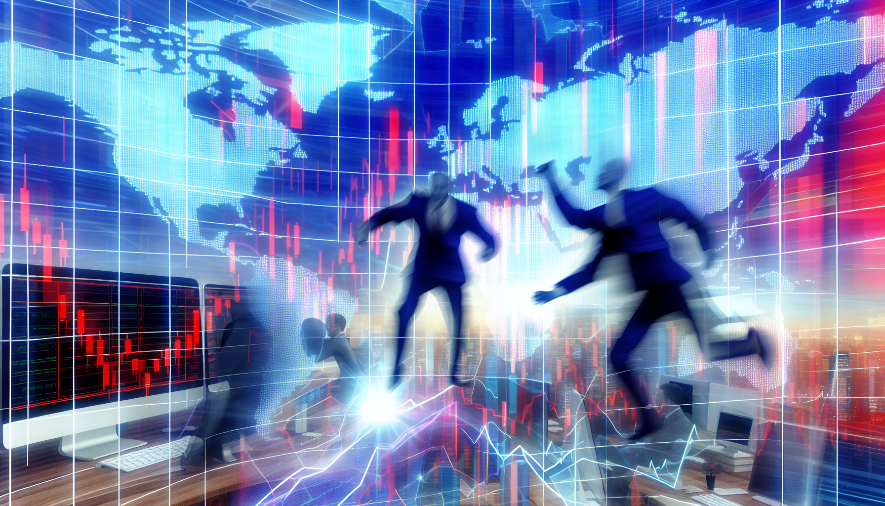 Darstellung einer dynamischen amerikanischen BÃ¶rse oder von Investmentfonds, die VitalitÃ¤t und Energie verkÃ¶rpert, mit lebhaften BÃ¶rsenmaklern, grafischen Darstellungen von Markttrends, Computern, die Live-Aktienkurse anzeigen, und einer allgemeinen AtmosphÃ¤re von AktivitÃ¤t und Aufregung.