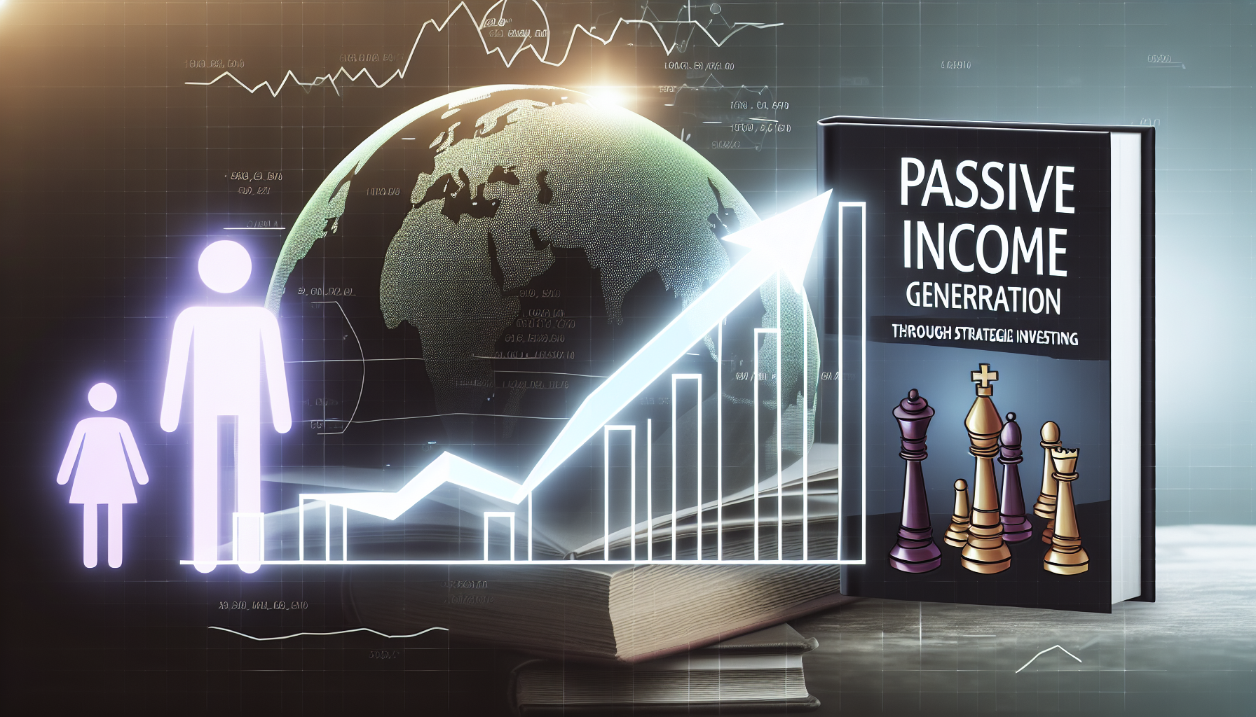 Ein illustriertes Konzept der passiven Einkommensgenerierung durch strategisches Investieren. Zeigen Sie ein Bild eines Diagramms mit einem AufwÃ¤rtstrend, der mit erfolgreichen langfristigen Investitionen Ã¼bereinstimmt, wobei die Linie im Diagramm das Wachstum Ã¼ber die Zeit darstellt. Im Hintergrund subtil einen Globus darstellen, um globale Investitionen oder internationalen Handel zu symbolisieren. AuÃŸerdem BÃ¼cher und ein Schachbrett zeigen, die Symbole fÃ¼r Wissensaneignung und strategische Planung sind. Vermeiden Sie die Darstellung realer, spezifischer Personen.