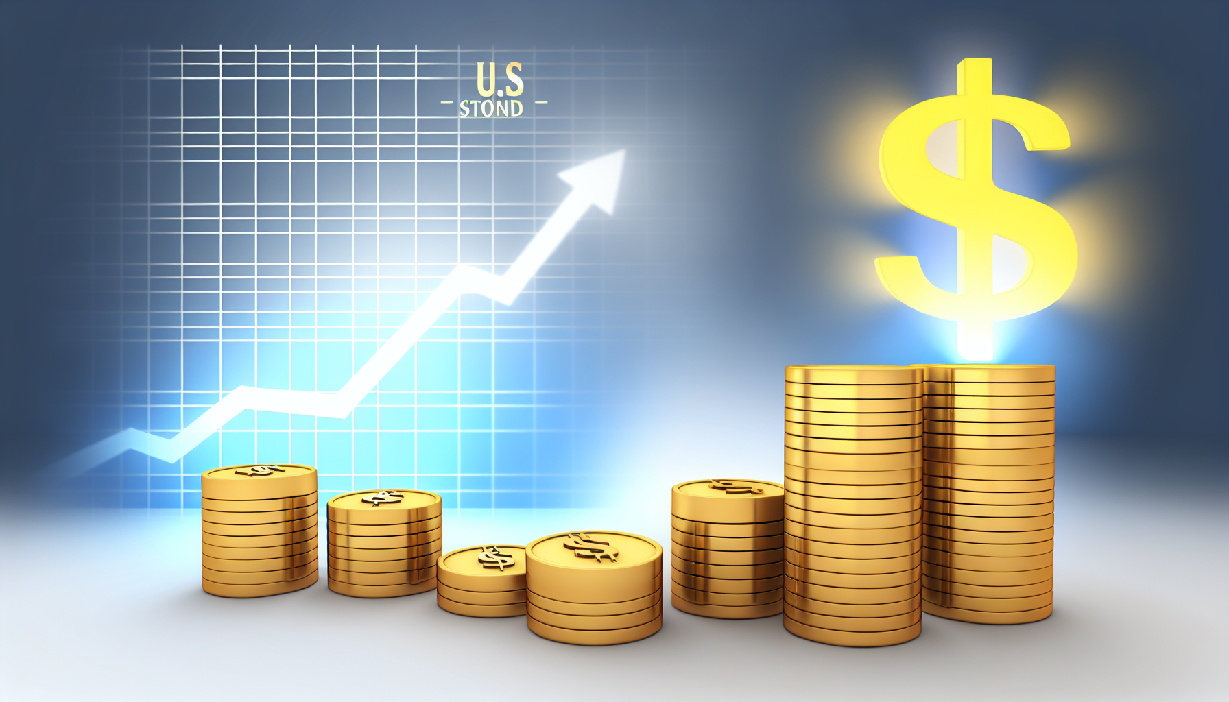 Eine Illustration des Konzepts ausgezeichneter US-Aktienfonds. Zeigen Sie Stapel von goldenen MÃ¼nzen mit dem Symbol des US-Dollars und einem im Hintergrund ansteigenden Diagramm, das Wachstum und Wohlstand darstellt.