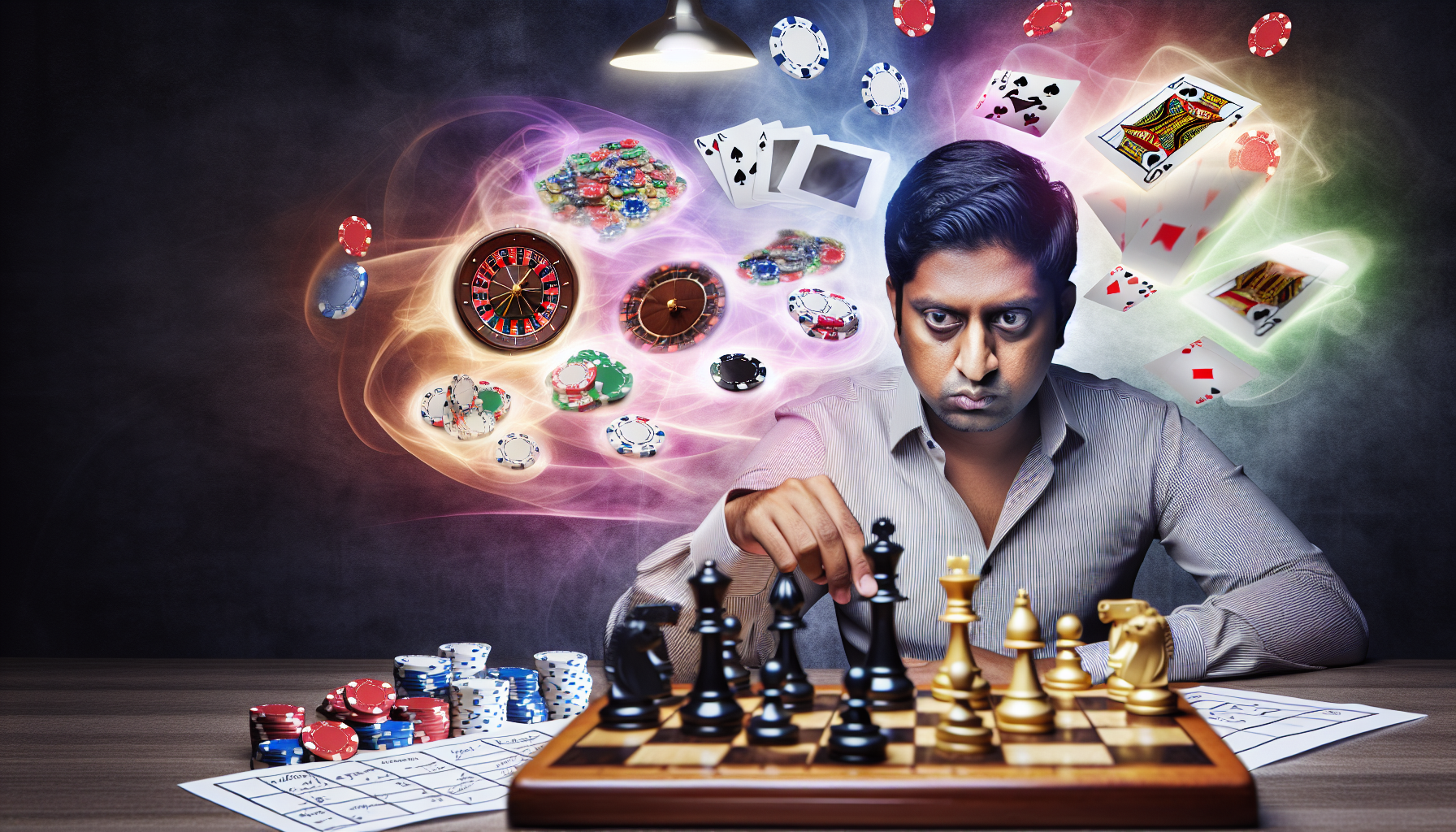 Ein Bild, das das Konzept von Strategie beim Glücksspiel darstellt: Ein südasiatischer Mann, der sich intensiv auf ein Schachbrett konzentriert, während Casino-Elemente wie Pokerchips, Spielkarten, Spielautomaten und ein Rouletterad dezent in den Hintergrund eingearbeitet sind. Sein Gesichtsausdruck zeigt eine Mischung aus Konzentration und Erwartung. Auf dem Tisch liegen Notizen und Diagramme, die seine Strategie repräsentieren. Das Licht einer einzelnen Deckenlampe beleuchtet die Szene und betont die Ernsthaftigkeit der Situation.
