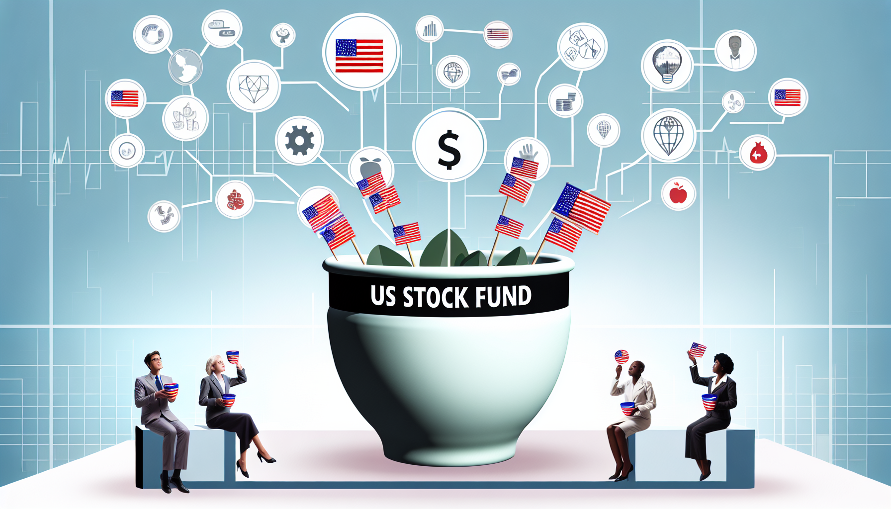 Eine Illustration des Konzepts eines US-Aktienfonds. Stellen Sie dies als groÃŸen Topf dar, der mit verschiedenen symbolischen GegenstÃ¤nden gefÃ¼llt ist, die verschiedene Sektoren der US-Wirtschaft reprÃ¤sentieren, wie Technologie, Gesundheitswesen, Finanzen und so weiter. Jeder dieser GegenstÃ¤nde ist mit einer kleinen Flagge gekennzeichnet, die seinen Sektor anzeigt. Der Topf steht auf einem Tisch, der mit 'US-Aktienfonds' beschriftet ist. Im Hintergrund ist eine vielfÃ¤ltige Gruppe von Menschen zu sehen (eine kaukasische Frau, ein afroamerikanischer Mann, ein mÃ¤nnlicher Mann aus dem Nahen Osten und eine asiatische Frau), die jeweils ihre eigenen kleineren TÃ¶pfe halten und mit Neugier und Interesse auf den groÃŸen Topf blicken.