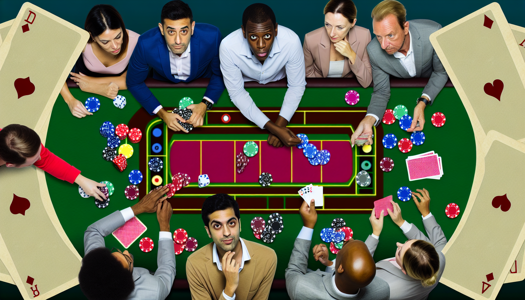 Stelle eine strategische Szene an einem Spieltisch beim Glücksspiel dar, bei der die Spieler wetten und ihre Gewinnchancen berechnen. Zeige eine Vielfalt von Menschen unterschiedlichen Geschlechts und unterschiedlicher Herkunft, darunter kaukasische, südasiatische und schwarze Personen, die alle konzentriert im Spiel sind. Füge visuelle Symbole wie Würfel, Karten, Pokerchips sowie aufmerksame Gesichtsausdrücke der Spieler hinzu. Bitte vermeide dabei spezifische kulturelle Bezüge oder Stereotype.