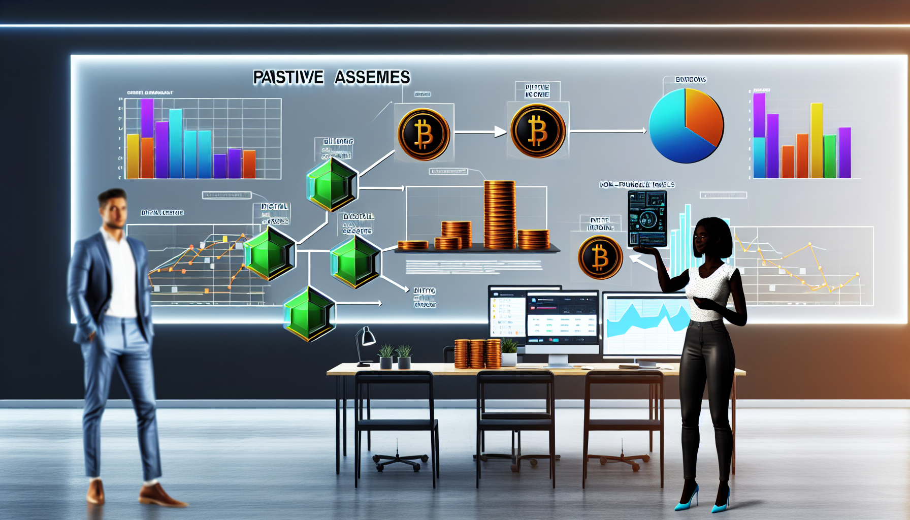 Eine informative Visualisierung, die mehrere digitale VermÃ¶genswerte wie KryptowÃ¤hrungen, nicht-fungible Token (NFTs) und digitales Immobilien zeigt, die auf die Generierung von passivem Einkommen hinweisen. In der Szene befindet sich ein modernes BÃ¼ro, in dem eine schwarze Frau einen Laptop hÃ¤lt, der Grafiken Ã¼ber die Einnahmen aus digitalen VermÃ¶genswerten anzeigt. An der Wand hÃ¤ngt ein groÃŸes Whiteboard mit einer Strategie zum Aufbau von passivem Einkommen durch diese VermÃ¶genswerte. Auf dem Schreibtisch des BÃ¼ros zeigt ein Computerbildschirm eine Krypto-BÃ¶rsenseite. Auf dem Tisch liegen verstreut Diagramme und Grafiken, die die Wertsteigerungen verschiedener digitaler VermÃ¶genswerte im Laufe der Zeit widerspiegeln.