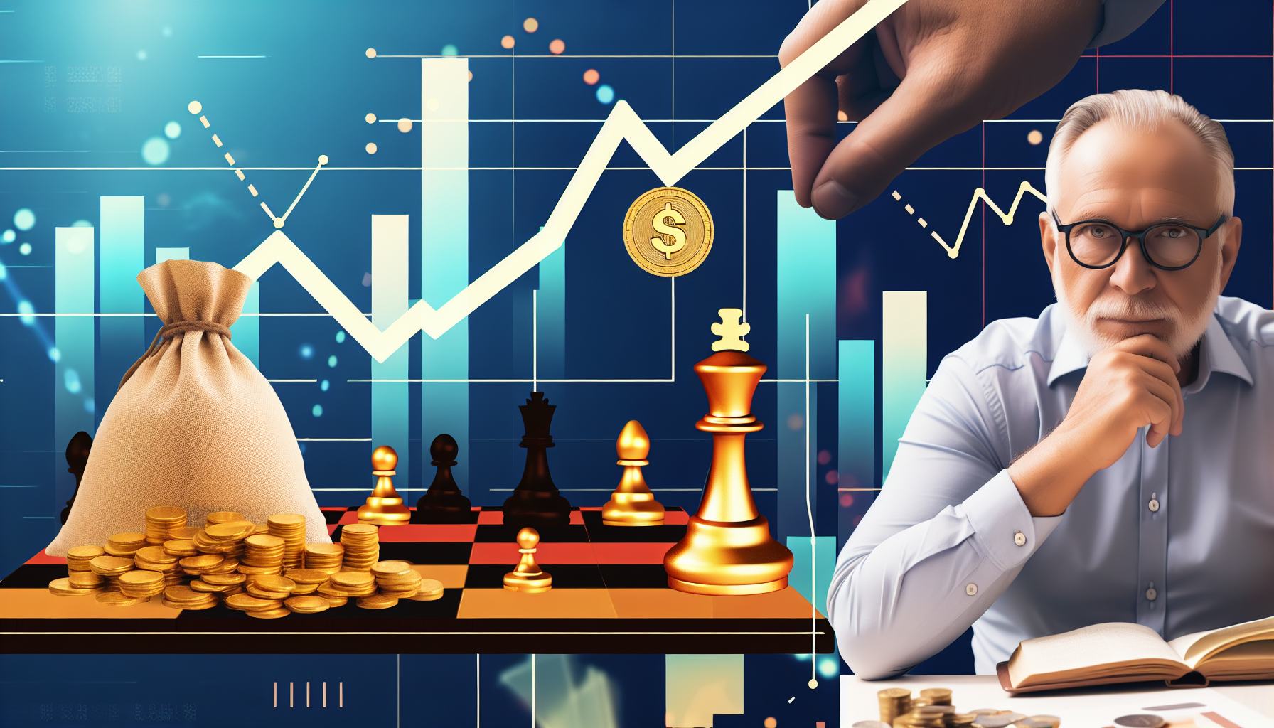 Eine Illustration, die das Konzept des passiven Einkommens durch Strategie darstellt. Im Vordergrund ist ein Schachbrett mit strategisch platzierten Figuren zu sehen, die eine gewinnende Strategie andeuten. Im Hintergrund visualisiert ein Diagramm einen AufwÃ¤rtstrend des Einkommens. AuÃŸerdem gibt es eine goldene GeldbÃ¶rse, die Ã¼berquillt mit MÃ¼nzen, was fÃ¼r wohlhabende Finanzen steht. Ein mittelalterlicher kaukasischer Mann studiert ruhig das Schachbrett und fÃ¤ngt den Akt der Planung und Strategieentwicklung ein.