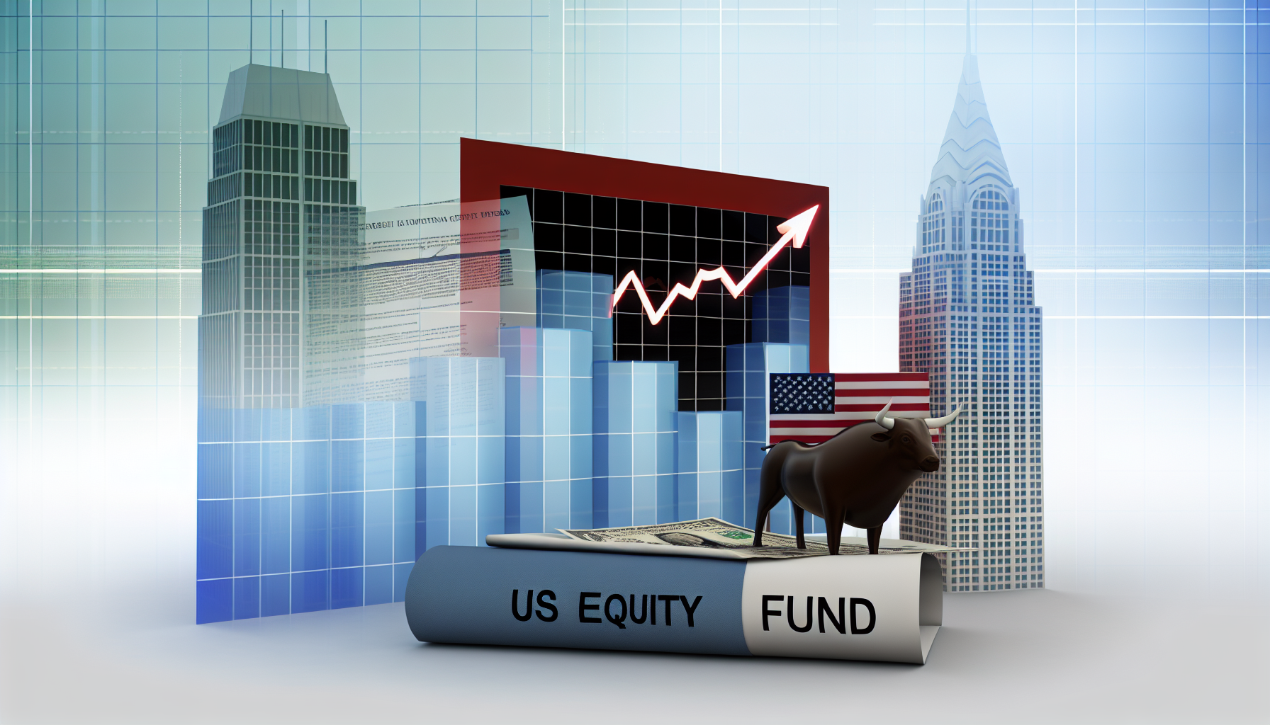 Eine konzeptionelle Illustration, die US-Aktienfonds darstellt. Das Bild sollte ein Balkendiagramm zeigen, das einen Leistungstrend fÃ¼r diese Fonds darstellt, im Hintergrund hohe BÃ¼rogebÃ¤ude, die Finanzinstitute symbolisieren, einen Bullen und einen BÃ¤ren, die Marktverhalten reprÃ¤sentieren, sowie eine amerikanische Flagge als Symbol fÃ¼r den US-Markt. ZusÃ¤tzlich sollten Dokumente mit den sichtbaren Worten 'US Equity Fund' enthalten sein.